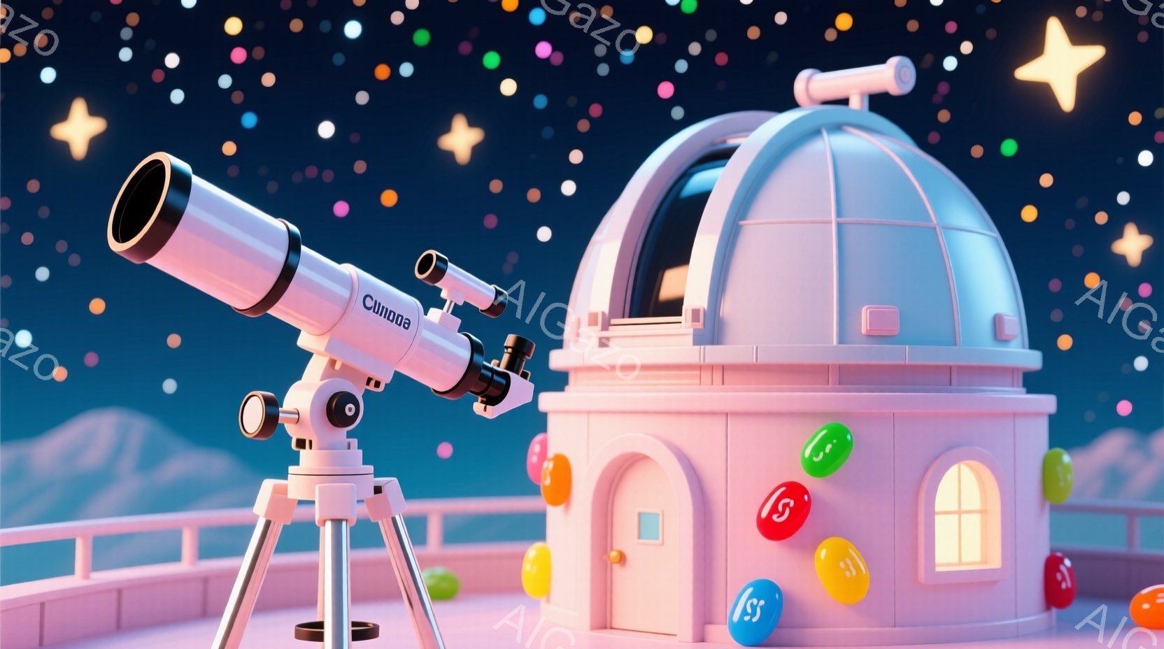 鮮やかなピンク色の建物と望遠鏡が描かれたイラストです。建物は丸みを帯びた可愛らしいデザインで、窓は様々な色の丸いステンドグラス風になっています。背景は濃い青色で、小さな星が散りばめられており、全体的に - AI生成フリー素材