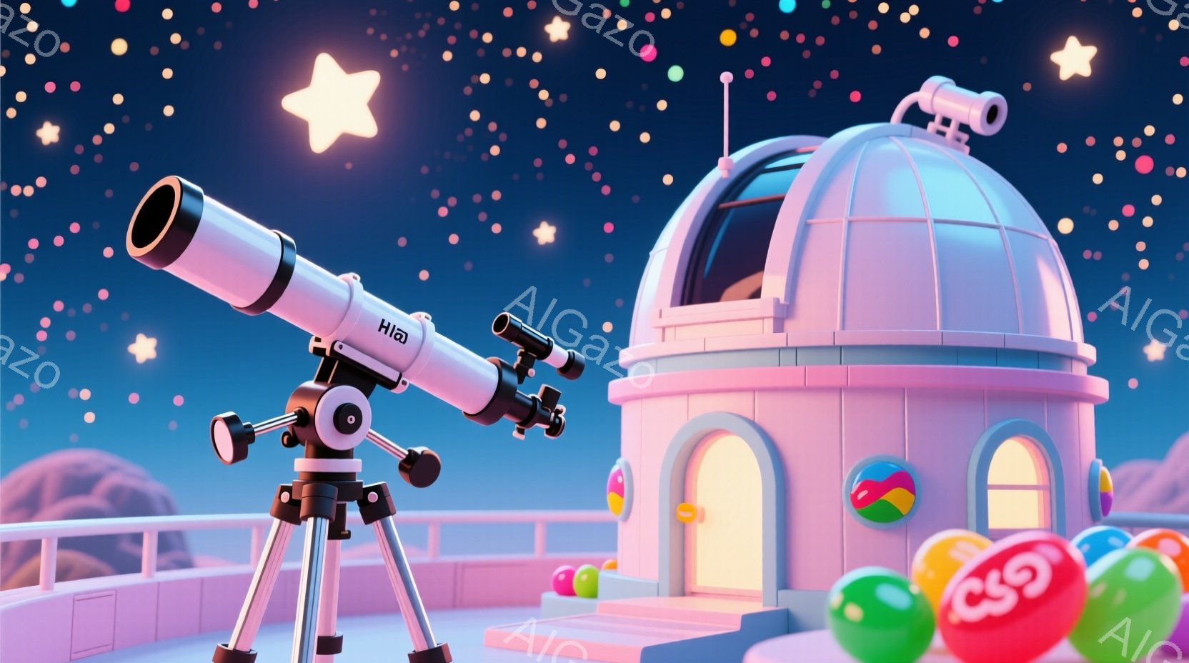 ピンク色のドーム状の天文台と望遠鏡が描かれています。天文台の周りには、カラフルなキャンディのような球体が散らばり、夜空には星が輝いています。全体的に、夢のような、子供らしい雰囲気で、遊園地の一角のような印象を与えます。
