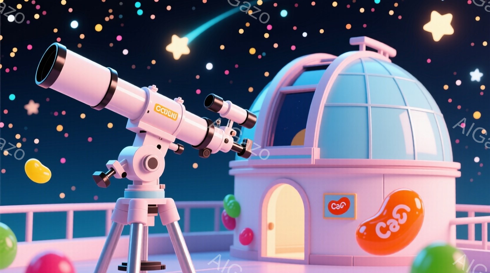 鮮やかな紫色の空に、可愛らしいピンク色の天文台と望遠鏡が描かれています。天文台は丸みを帯びたドーム型で、可愛らしいアーチ型の入り口があり、周囲にはカラフルなキャンディーのような装飾が散りばめられています。全体的にパステルカラーで統一され、遊び心あふれる、夢のような雰囲気が漂っています。
