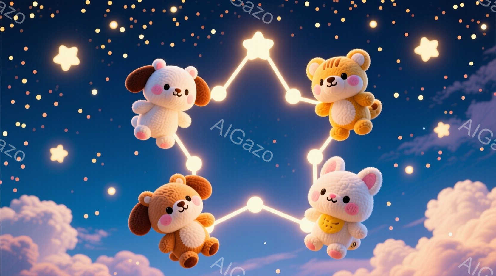 柔らかい毛並みの犬、猫、クマ、ウサギのぬいぐるみが、星の形に並んで空中に浮遊している。それぞれが可愛らしい表情をしており、ピンク色の頬が特徴的だ。背景は淡いピンクと紫のグラデーションで、たくさんの星と - AI生成フリー素材