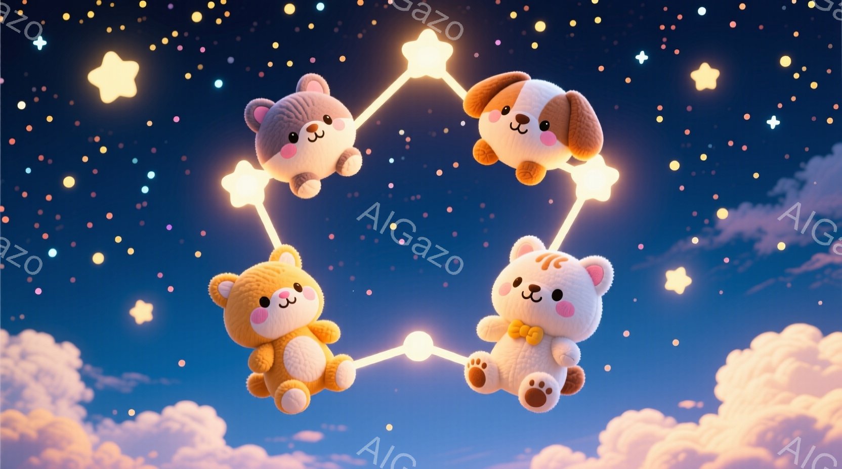 明るい青と紫の夜空を背景に、4匹のかわいい子犬たちが星の光でできた円形に並んでいる。それぞれ異なる毛並みと色を持ち、小さなリボンを付けている。雲が浮かび、全体的に夢のような、幻想的な雰囲気が漂っている - AI生成フリー素材