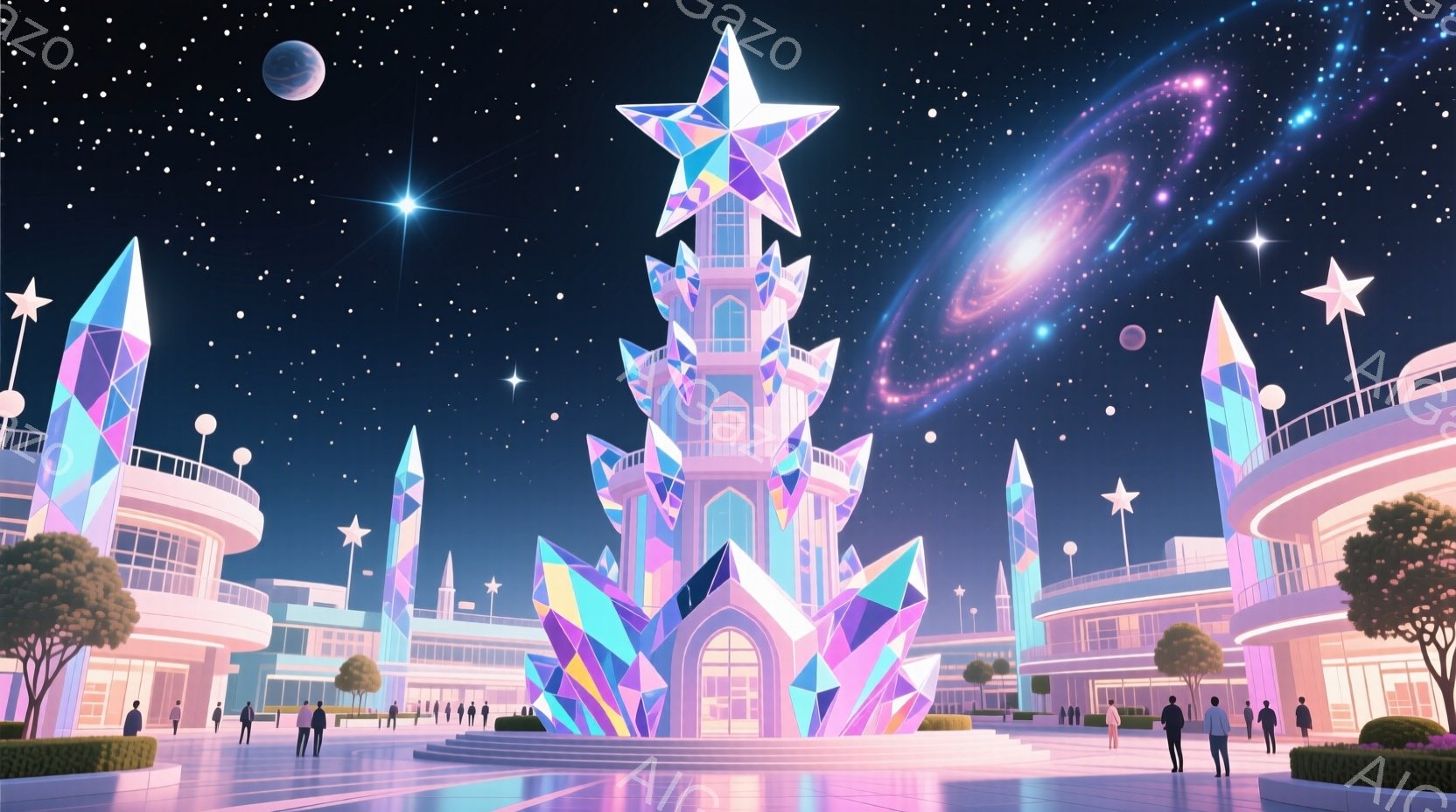 夜空を背景に、クリスタル製の巨大な塔がそびえ立ち、その周りには未来的な建物が配置されている。人々はフォーマルな服装で、塔の周りを散策したり、会話を楽しんでいる様子で、表情は穏やかでリラックスしている。全体的に、幻想的で夢のような雰囲気であり、夜空に輝く星々と相まって、まるで別世界にいるような感覚を覚える。