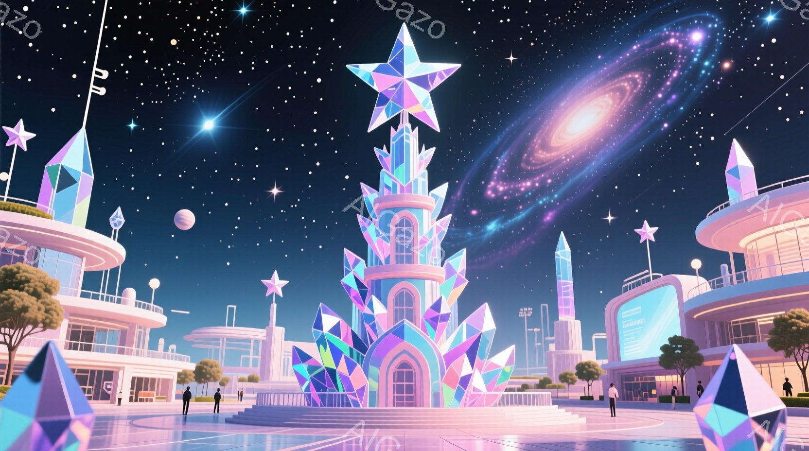 未来的な都市の中心に、きらめくクリスタルの塔がそびえ立っています。人々はフォーマルな服装で、塔の周りを散歩したり、建物に入ったりしています。背景には、独特なデザインの建物と、星空が広がり、幻想的な雰囲 - AI生成フリー素材