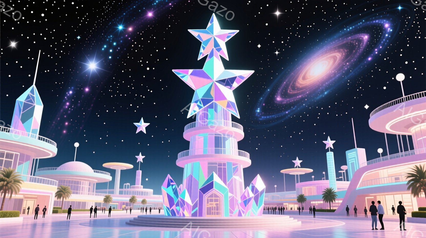 夜空を背景に、クリスタル調の塔が中央にそびえ立ち、周囲には未来的な建物が整然と並んでいる。人々はフォーマルな服装で、塔の周りを散策したり、談笑したりしているようで、表情は穏やかでリラックスしている。パームツリーが点在し、夜空には星や銀河が輝き、幻想的で華やかな雰囲気を醸し出している。