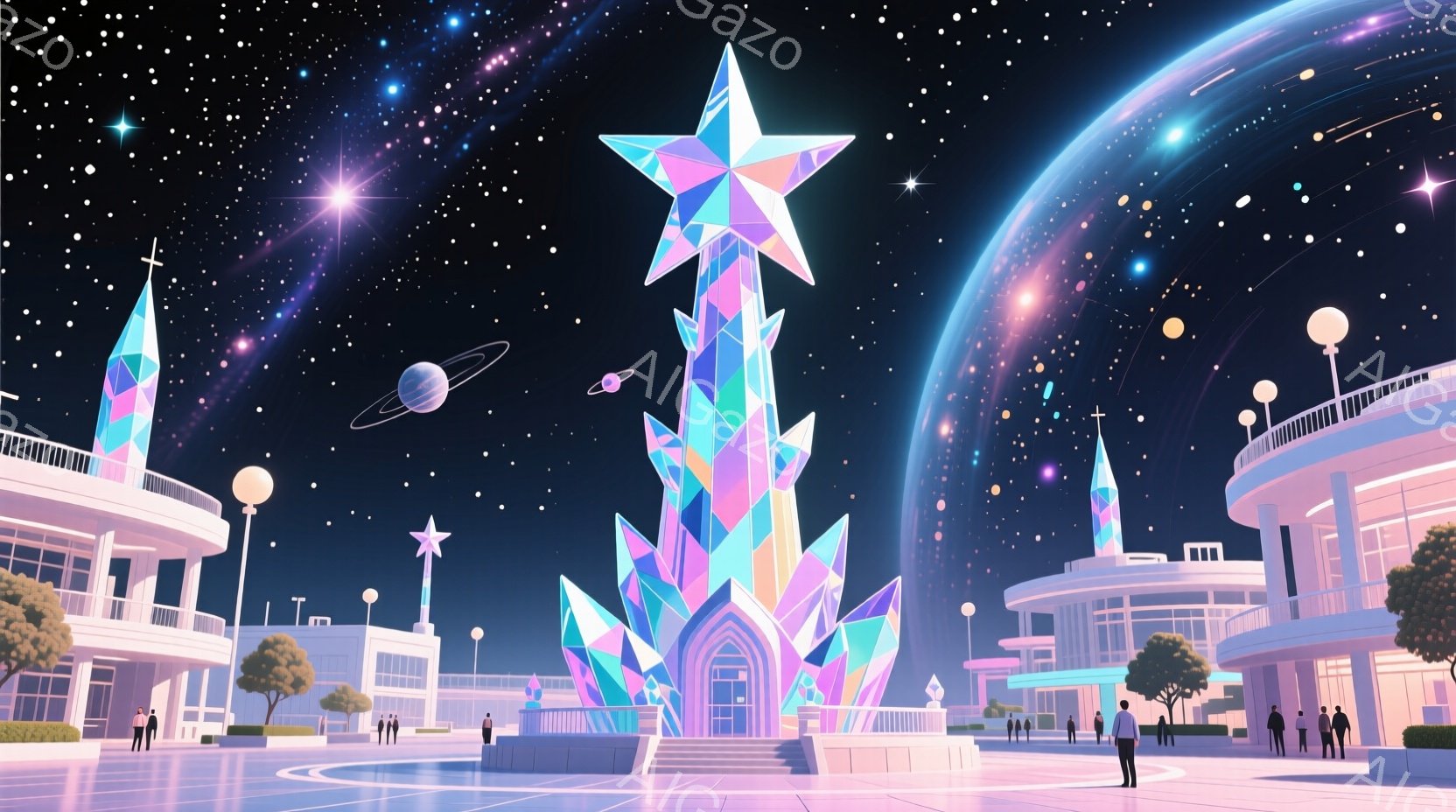 未来的な広場を捉えており、中心には巨大なクリスタルの塔がそびえ立っています。人々は黒いスーツに身を包み、塔の周りを静かに歩き、または立ち話しています。背景には、独特の建築様式の建物や、惑星が浮かぶ夜空 - AI生成フリー素材