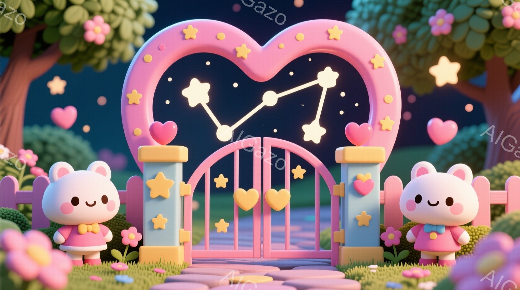 ふわふわのウサギのキャラクターが、星とハートで飾られたアーチの両側に立っています。ピンク色のワンピースとリボン、そしてつぶらな瞳が可愛らしいです。背景には、緑の草と花、そして夜空に輝く星が広がり、夢の - AI生成フリー素材