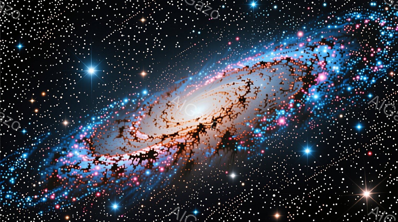 広大な銀河が画像全体を占めており、中心部は明るい黄色からオレンジ色に輝き、渦巻状の腕が外側に広がっています。腕は青とピンクの星雲と塵で構成され、暗い宇宙空間の中に鮮やかなコントラストを描いています。全 - AI生成フリー素材