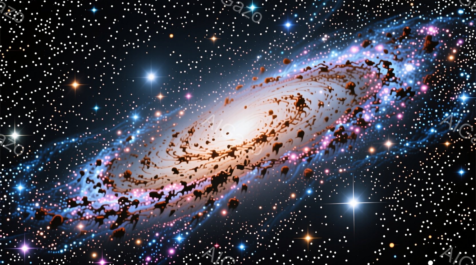 この画像は壮大な銀河を描いており、明るい中心核から渦を巻いて伸びる腕が特徴的です。鮮やかな青色とオレンジ色、ピンク色が混ざり合い、無数の星々が背景に散りばめられています。全体として、宇宙の神秘的で壮大な雰囲気を醸し出しています。