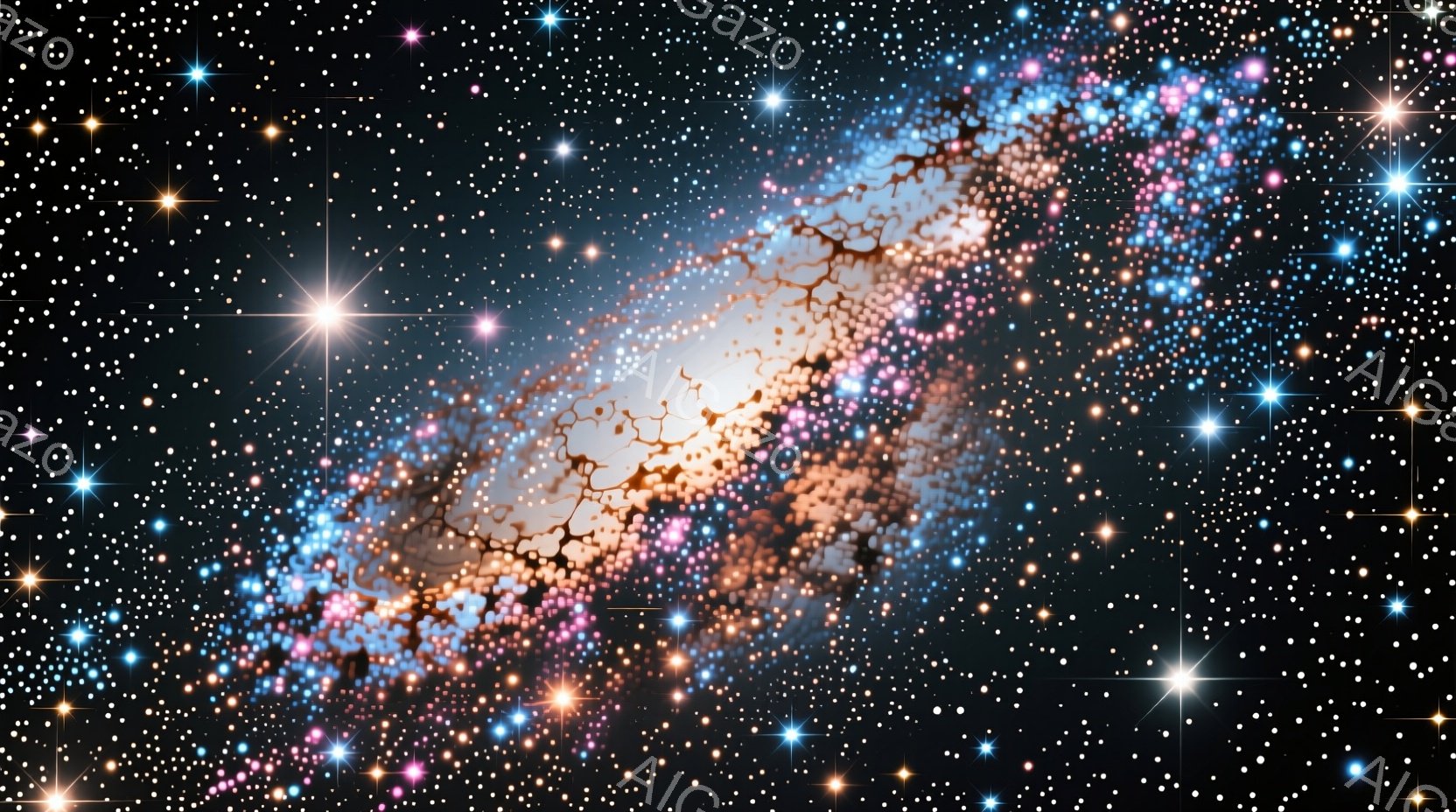 鮮やかなピンク、オレンジ、青色の渦巻きが、暗い背景に広がる宇宙のようなテクスチャを形成しています。光の粒子が散りばめられ、まるで星雲が広がっているかのような幻想的な雰囲気を醸し出しています。全体的に、 - AI生成フリー素材