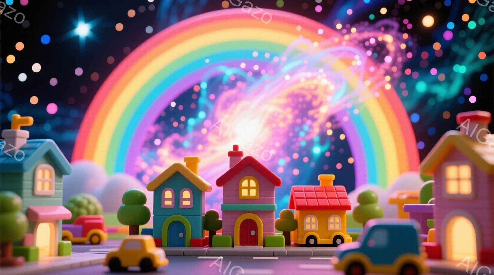 カラフルな街並みが、夜空に広がる虹の下に配置されています。建物はすべておもちゃのようなデザインで、丸みを帯びた形と鮮やかな色合いが特徴です。背景には星空が広がり、全体的に夢幻的で遊び心あふれる雰囲気が - AI生成フリー素材