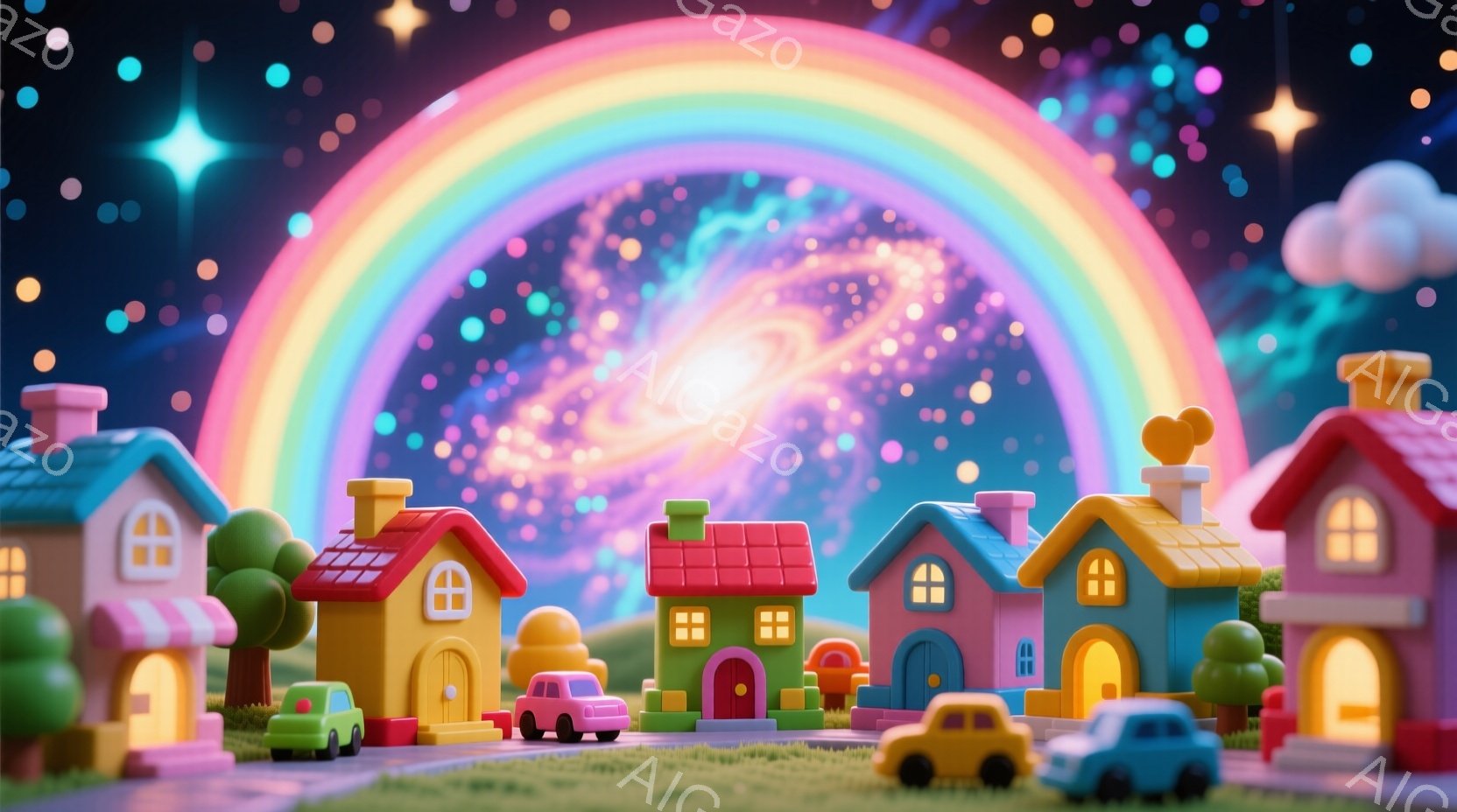 カラフルなブロックで作られた家々が並び、緑の芝生の上に小さな車が数台停まっています。背景には虹が架かり、夜空には星が散りばめられ、ファンタジーのような夢幻的な雰囲気が漂っています。全体的に明るく、子供 - AI生成フリー素材