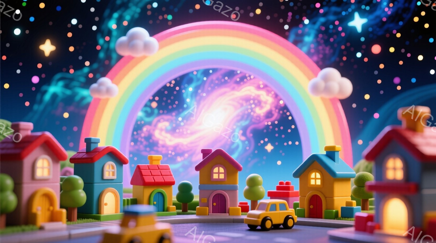 カラフルな積み木のような家々が並び、その背後には虹と銀河が広がるファンタジーな風景です。家々は赤、オレンジ、黄、緑、青など様々な色で、可愛らしいデザインが特徴です。全体的に明るく、夢のような雰囲気が漂 - AI生成フリー素材