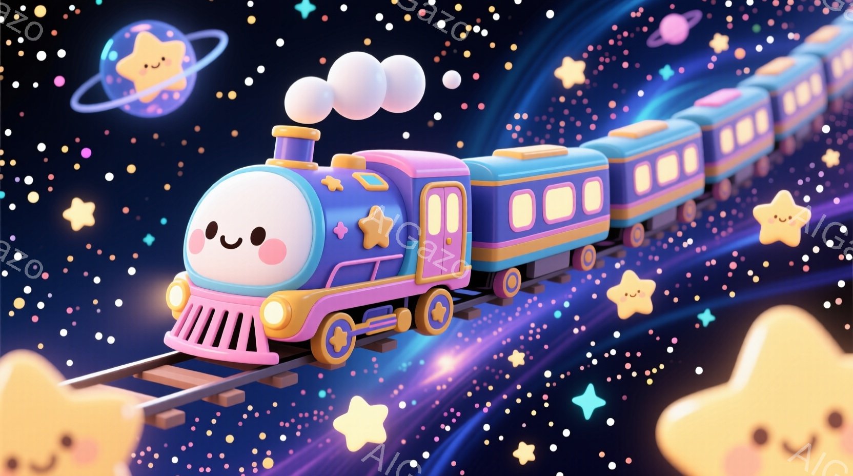 鮮やかな紫とピンクの列車が、星空を背景に線路を走っています。列車の先頭車両には、可愛らしい顔が描かれており、まるで生きているかのような表情をしています。背景にはきらめく星と、ふわふわとした雲のような装 - AI生成フリー素材