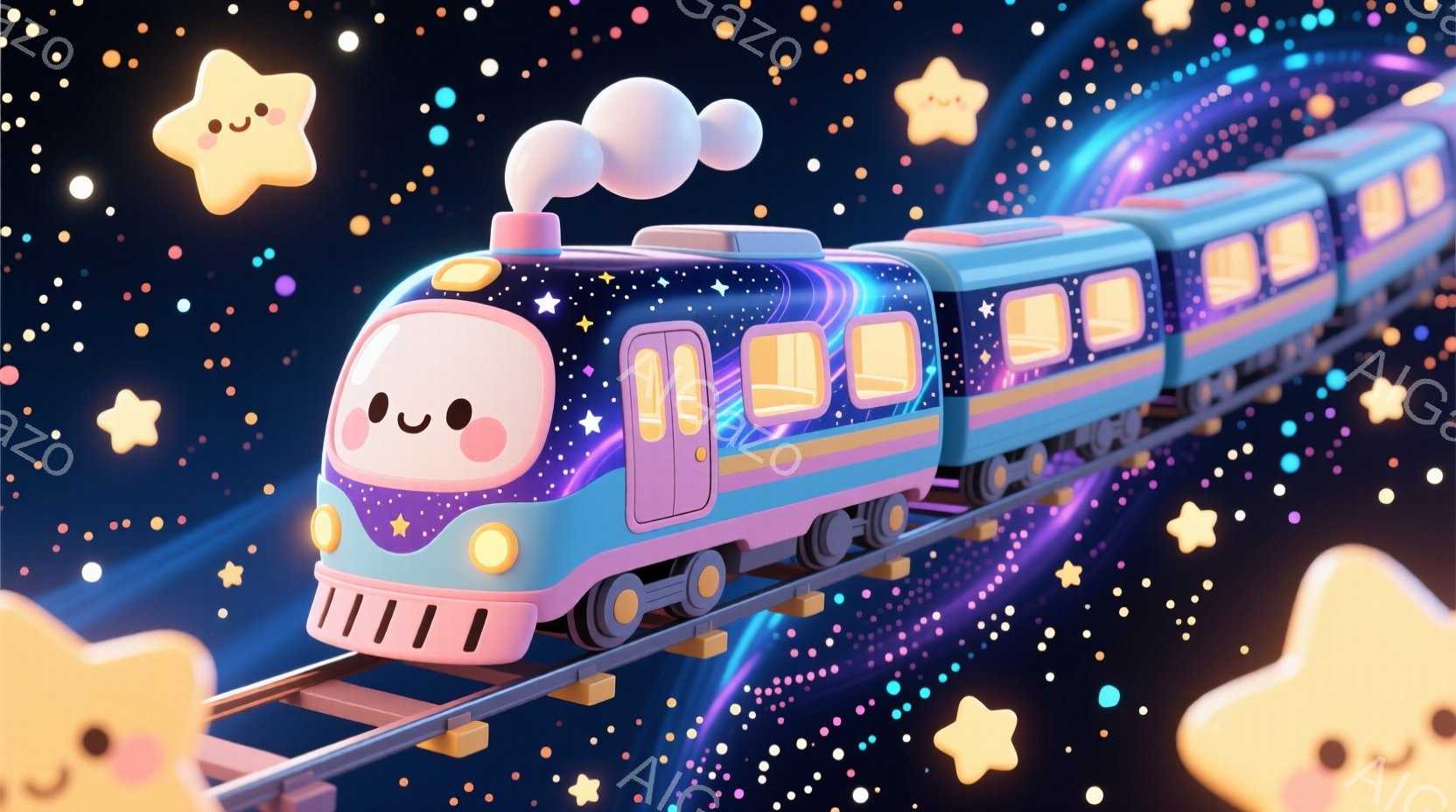夜空を思わせる紫と青のグラデーションが美しい列車が、星空の中を走っています。列車の先頭には可愛らしい顔が描かれており、まるで生きているかのような表情を見せています。背景にはふわふわとした雲のような星が - AI生成フリー素材