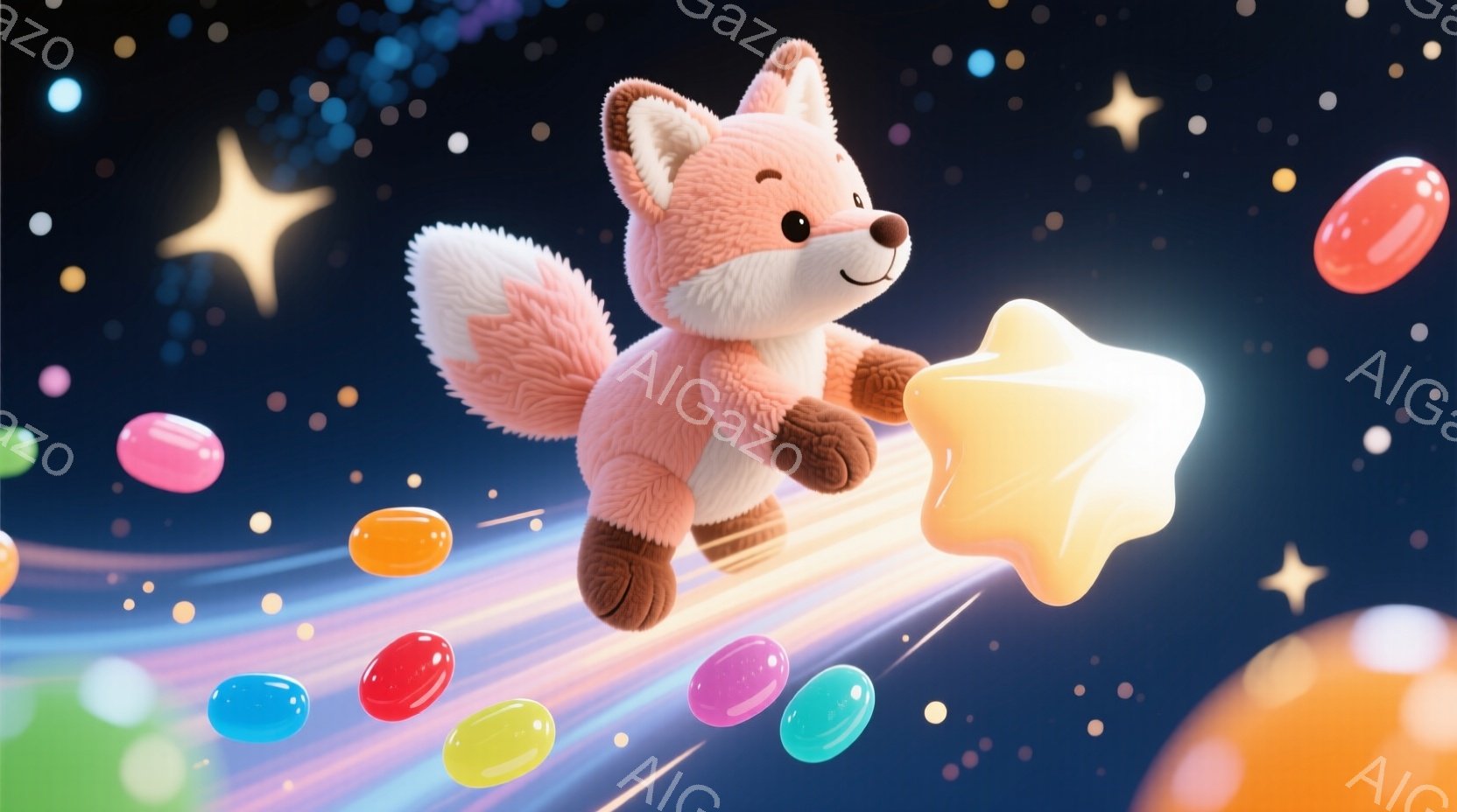 明るいピンク色の毛並みを持つ小さな狐が、黄色い星のようなキャンディーを手に、空を飛んでいる様子が描かれています。背景には虹色の光の筋と、様々な色のゼリービーンズのようなキャンディーが浮かび、まるで夢の - AI生成フリー素材