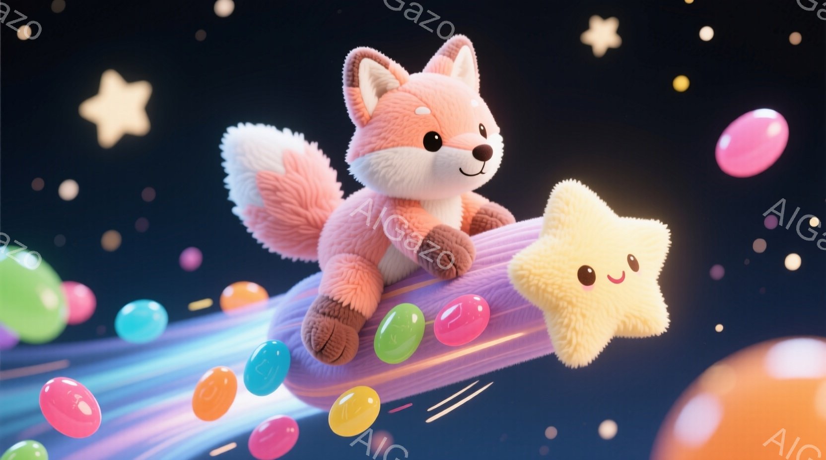 ふわふわのオレンジ色のキツネが、黄色い星に乗って宇宙空間を漂っている様子が描かれています。キラキラと輝くキャンディのような球体や、様々な色の星が背景に散りばめられており、夢のような雰囲気を醸し出してい - AI生成フリー素材