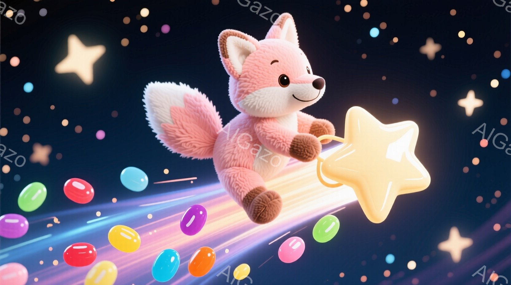 明るいピンク色のキツネが、黄色い星の上を滑っている様子が描かれています。キツネは楽しそうな表情で、たくさんのカラフルなゼリービーンズが星の軌跡に沿って散りばめられています。背景は暗い夜空で、星がキラキラと輝き、全体的に夢幻的でかわいらしい雰囲気です。