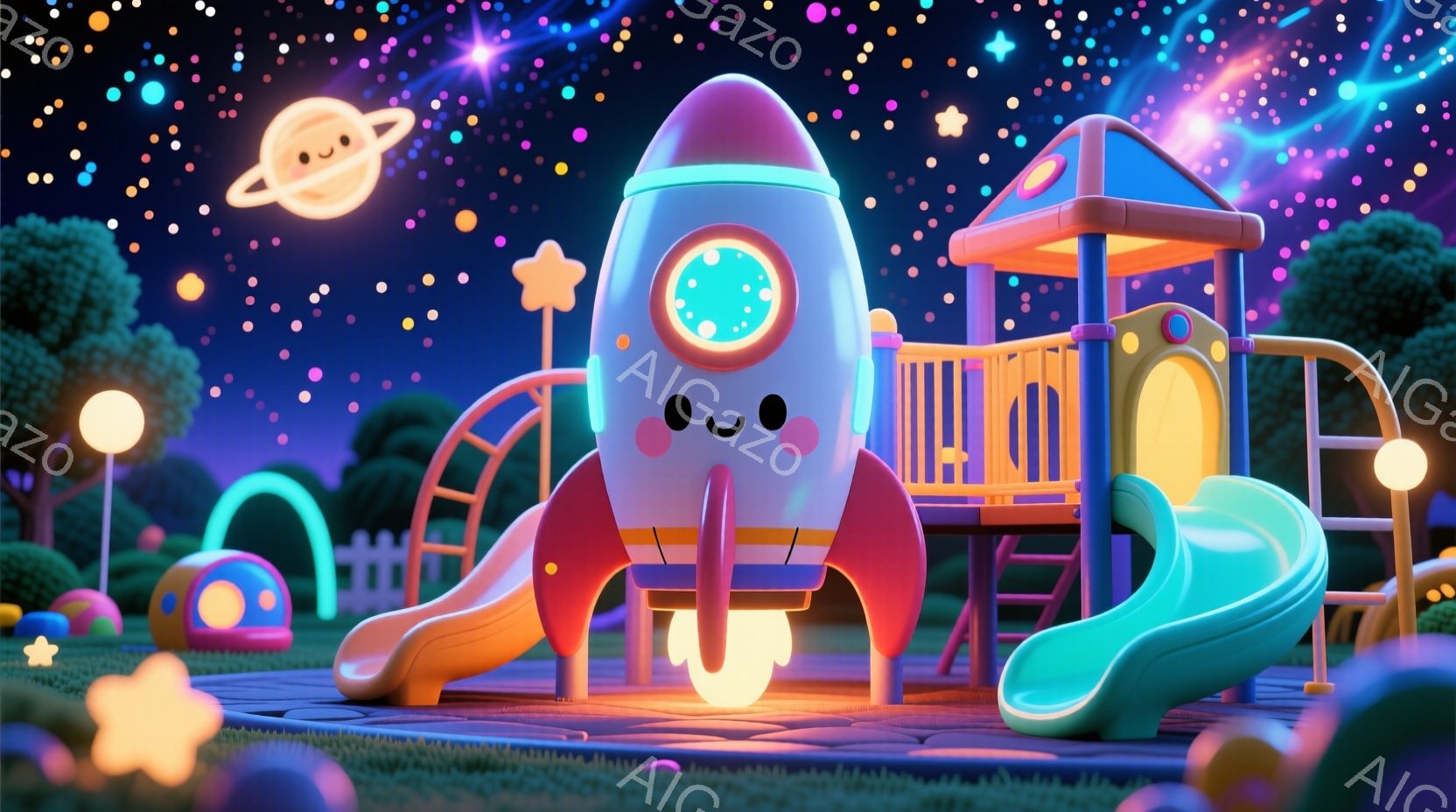 夜空を背景に、ロケット型の遊具が公園の中心に設置されています。ロケットはオレンジと白のカラフルな色合いで、笑顔の表情が可愛らしく、下部からは明るい光が放たれています。周囲には滑り台やブランコなどの遊具があり、全体的に夢幻的で遊び心あふれる雰囲気です。