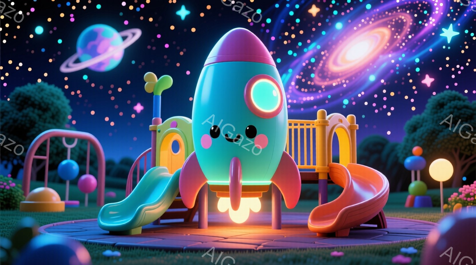夜空を背景に、ロケット型の滑り台が遊園地の芝生の上に設置されている。ロケットは明るい水色で、かわいい表情をしており、オレンジ色の炎のような光が下部から発せられている。周囲にはカラフルな遊具や球体の装飾があり、全体的に夢幻的で楽しい雰囲気が漂っている。