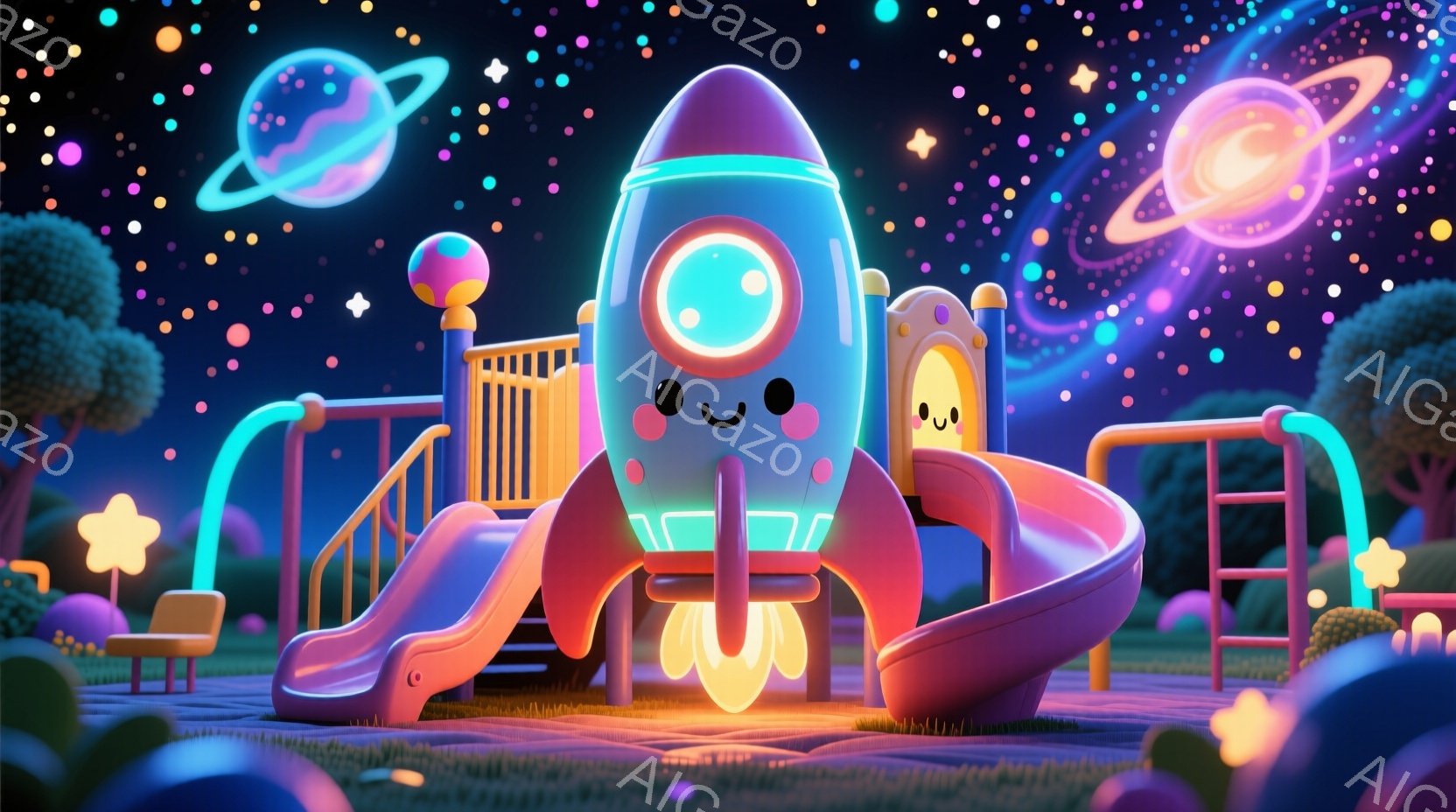 夜空を背景に、ロケット型の滑り台が遊園地の中に設置されている様子が描かれています。滑り台はオレンジと水色のグラデーションで、可愛らしい表情をしており、周囲には星や惑星が浮かんでいます。全体的にファンタジックで夢のような雰囲気が漂い、子供たちが喜びそうな空間を表現しています。