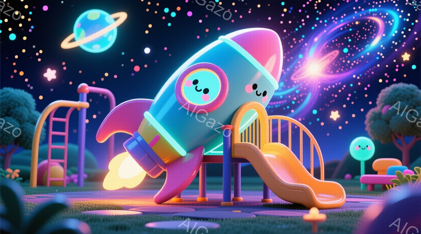 夜空を背景に、可愛らしいロケット型の遊具が設置された公園が描かれています。ロケットは明るい水色とピンク色で、親しみやすい表情をしており、遊具全体が楽しげな雰囲気を醸し出しています。背景には、緑色の丘と - AI生成フリー素材