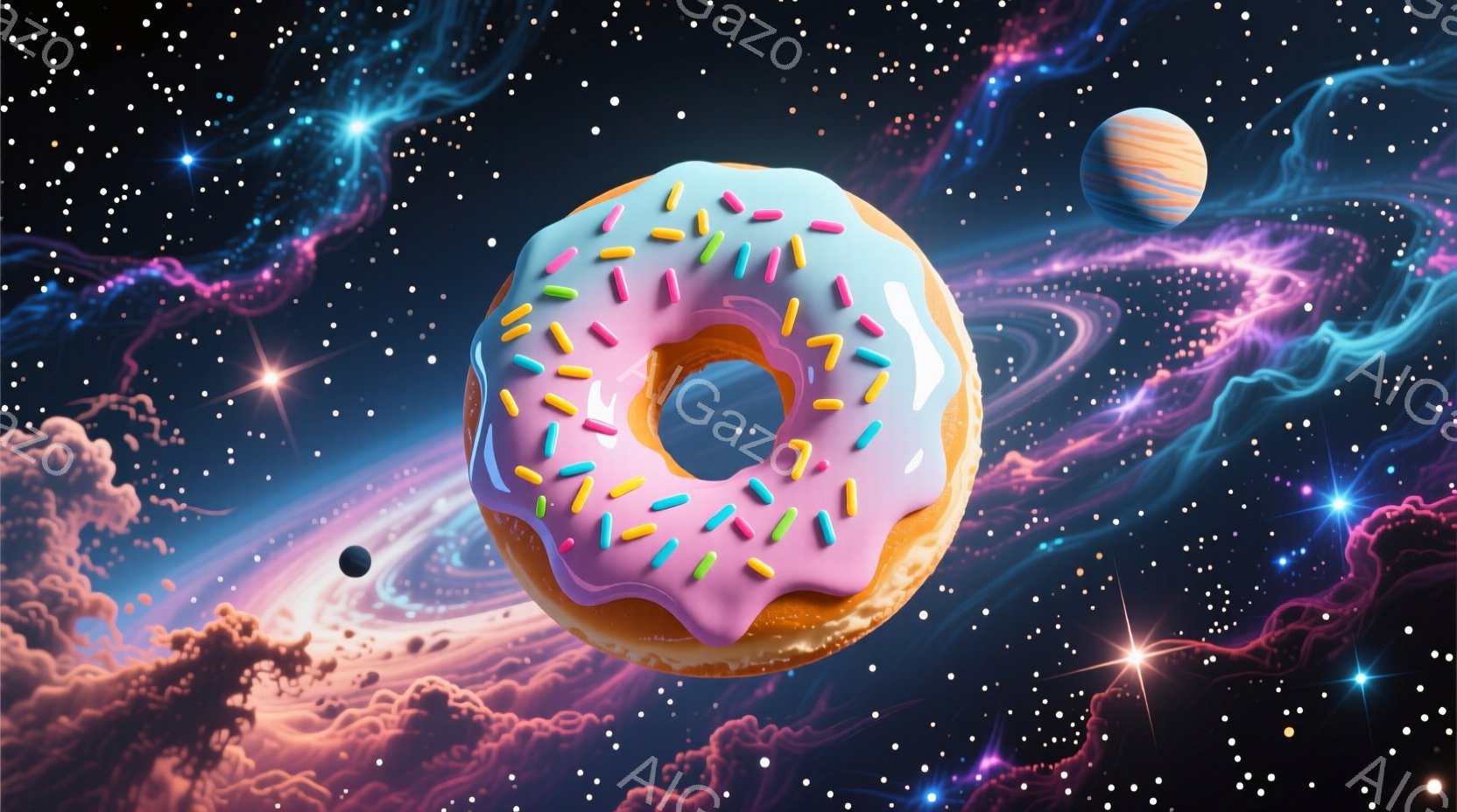 宇宙空間を背景に、鮮やかな水色のアイシングがかかったドーナツが浮かんでいます。ドーナツにはカラフルなスプリンクルが散りばめられ、ピンク色のアイシングが垂れ下がって、美味しさを強調しています。背景には、 - AI生成フリー素材