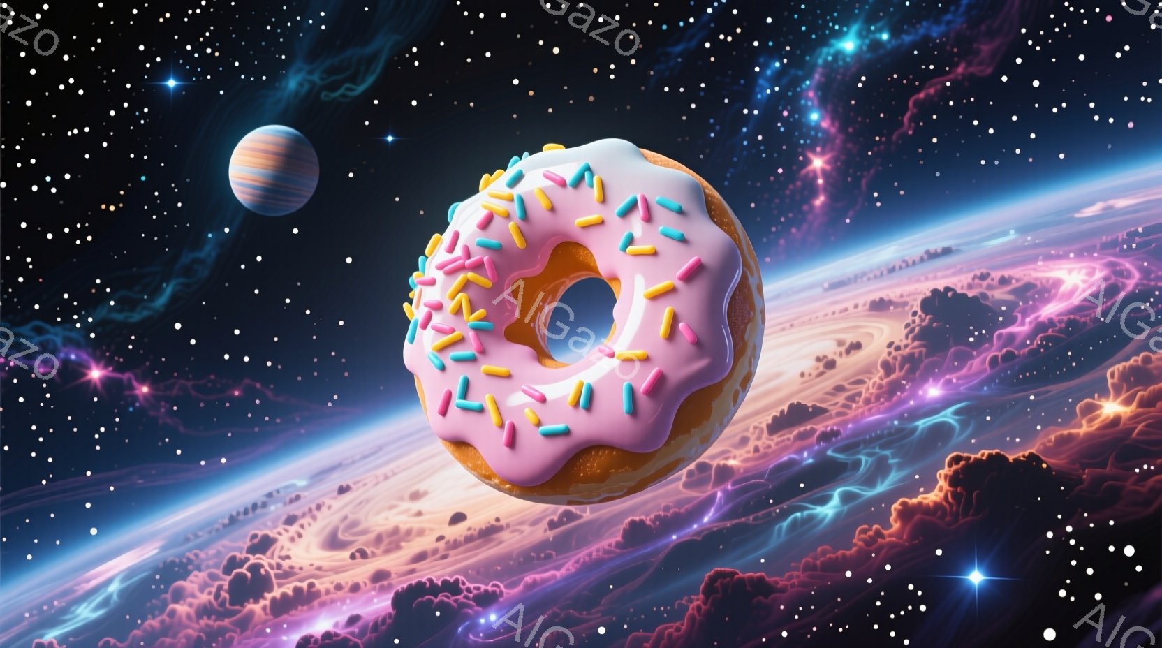 鮮やかなピンク色のアイシングがかかったドーナツが、星雲と惑星が浮かぶ宇宙空間に浮かんでいます。ドーナツにはカラフルな粒状のトッピングが散りばめられており、背景は紫、ピンク、青色の美しい雲と星の渦巻きで彩られています。全体的に幻想的で、遊び心のある雰囲気です。