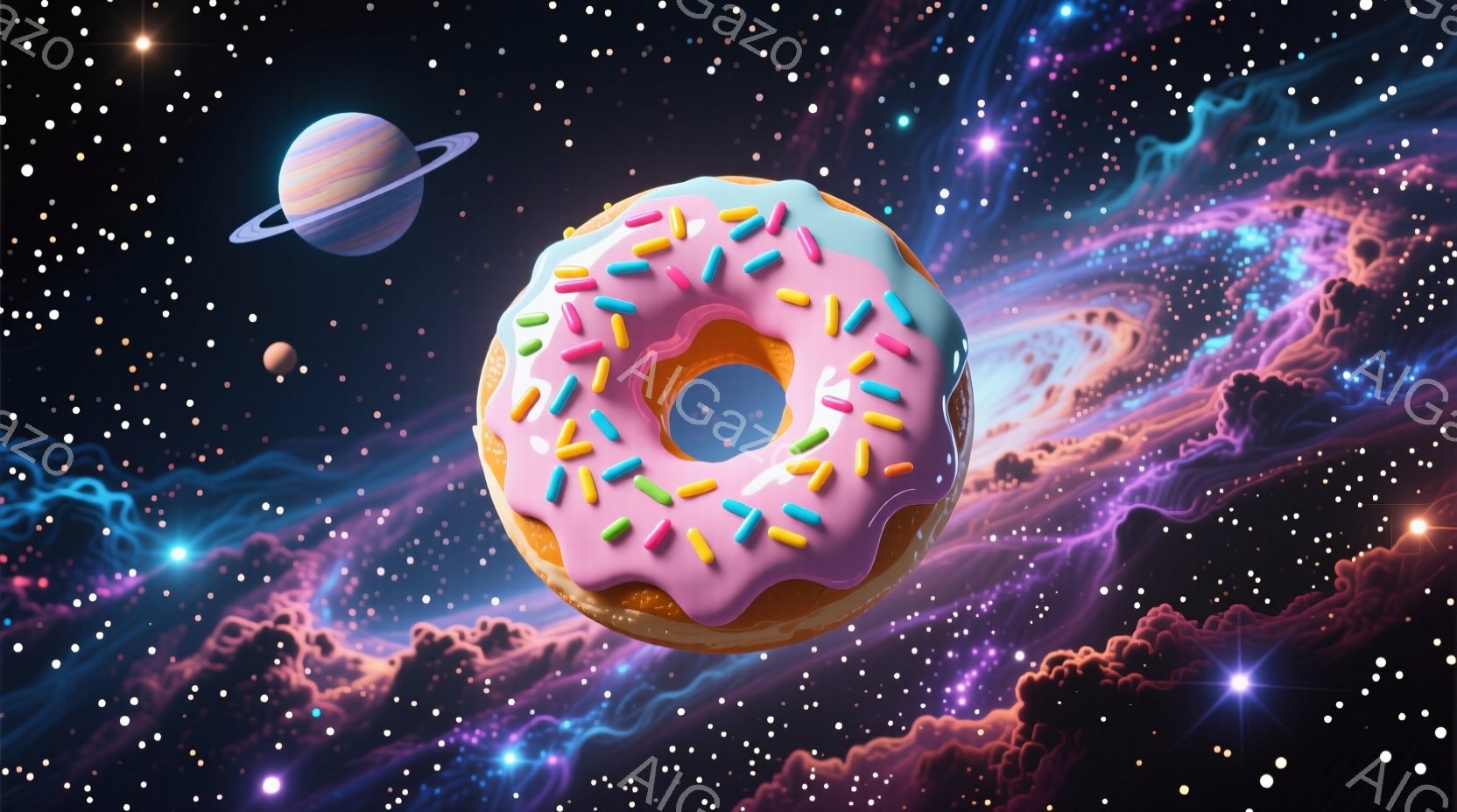 鮮やかなピンク色のアイシングがかかったドーナツが、宇宙空間に浮かんでいます。背景には、渦巻く紫とピンクの雲と、点在する星々が広がり、惑星が一つ見えます。全体として、夢のような、幻想的な雰囲気が漂ってい - AI生成フリー素材