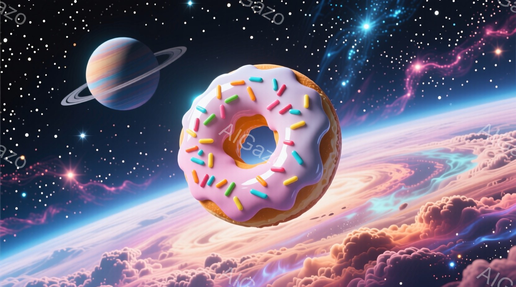 鮮やかなピンク色のアイシングがかかったドーナツが、渦巻く雲と惑星が浮かぶ宇宙空間に浮かんでいます。背景には、虹色に輝く雲海と、土星のような環を持つ惑星が描かれており、幻想的な雰囲気を醸し出しています。 - AI生成フリー素材