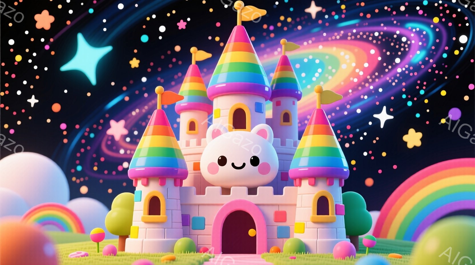 虹色の塔が、緑の草の上に可愛らしく建っています。塔には笑顔の顔が描かれており、まるで生きているかのような愛らしい雰囲気を醸し出しています。背景には、パステルカラーの虹と雲、星空が広がり、夢幻的な世界観 - AI生成フリー素材