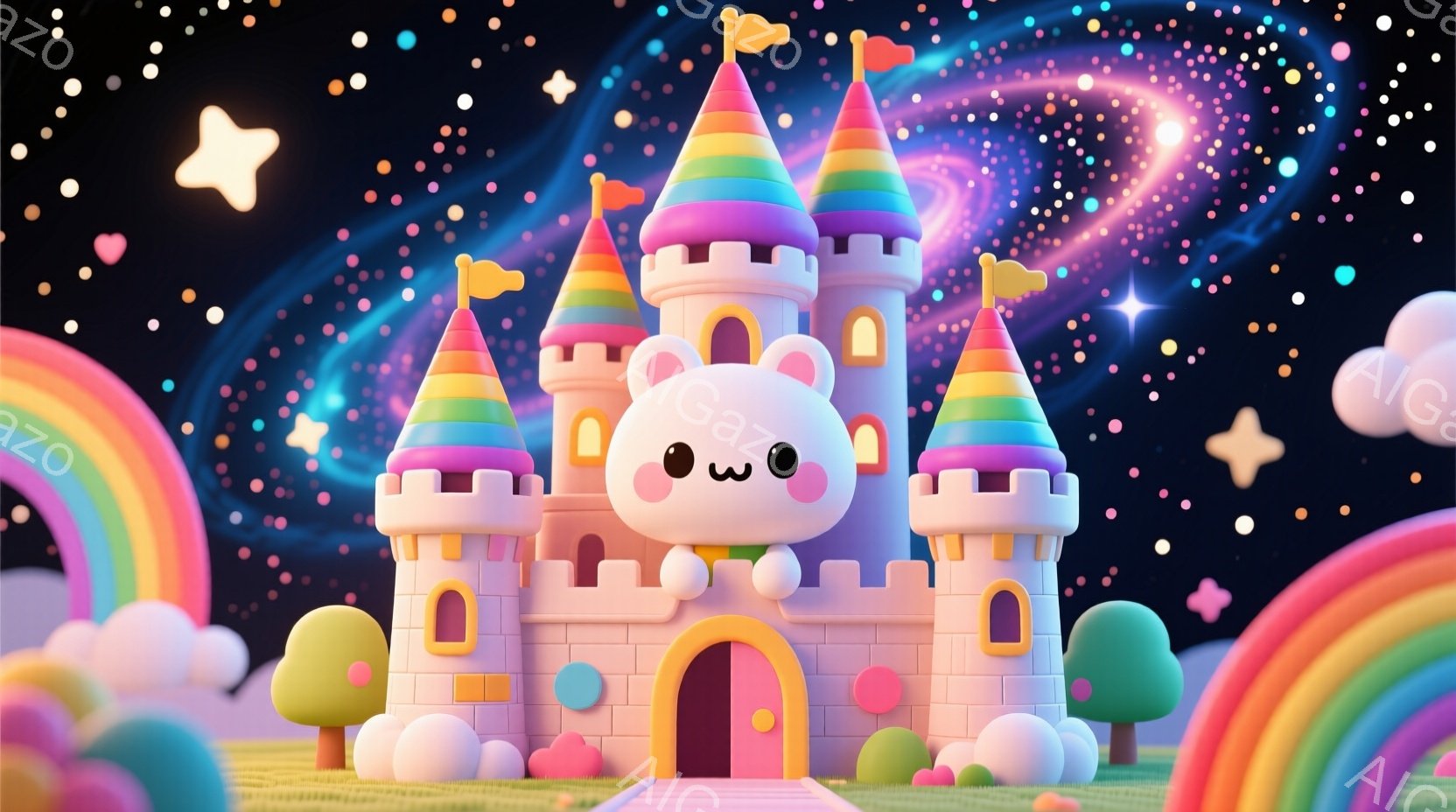 カラフルな塔を持つ可愛らしいお城が中央に描かれています。塔はピンク、紫、水色、緑と様々な色で彩られ、正面には笑顔の顔がついています。背景には虹や星空が広がり、まるで夢のようなファンタジックな世界観を作 - AI生成フリー素材
