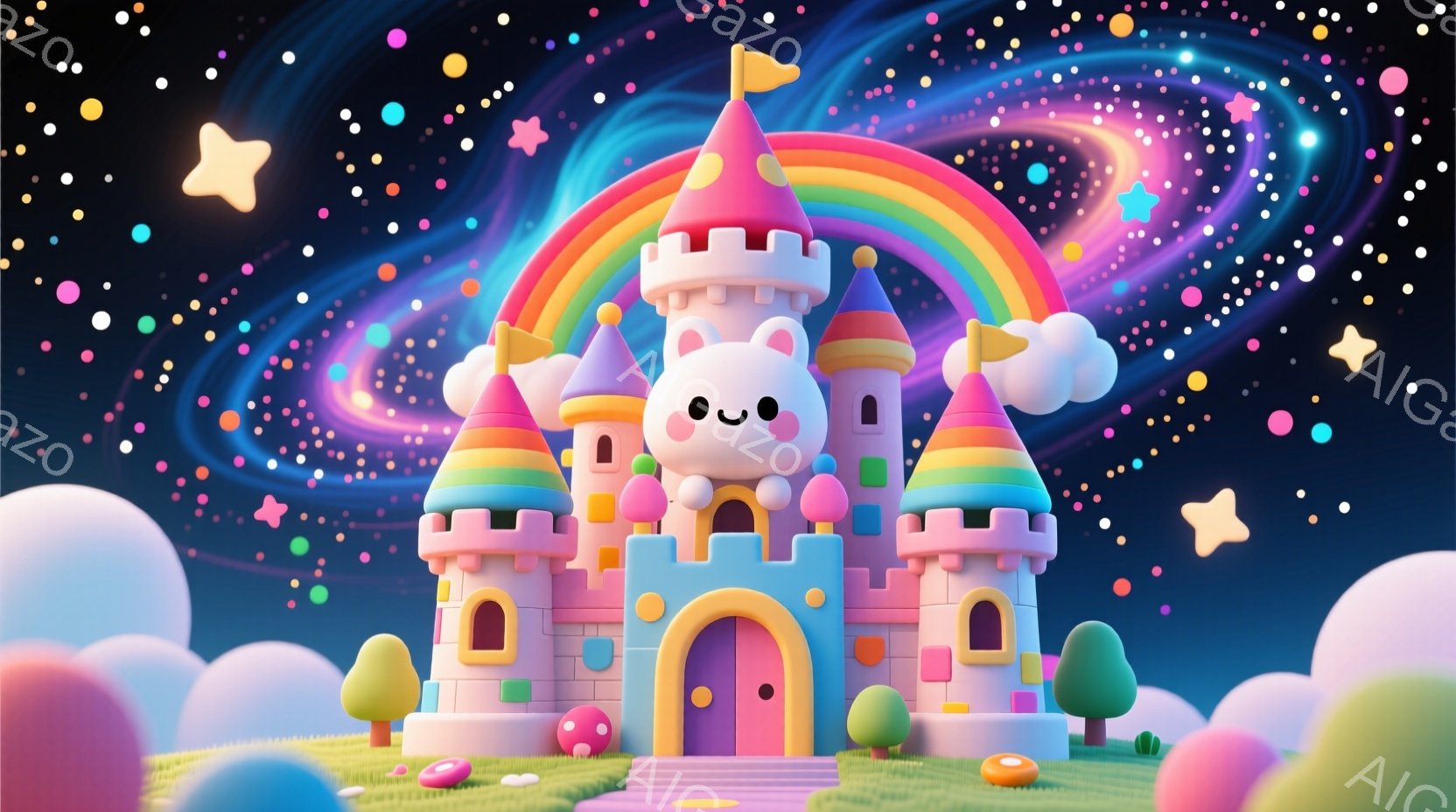 カラフルな城が緑の丘の上に建っており、その背景には渦巻く星雲と様々な形の雲が広がっています。城はピンク、青、黄色などのパステルカラーで彩られ、かわいらしい表情の顔が正面に描かれています。全体的に夢のよ - AI生成フリー素材