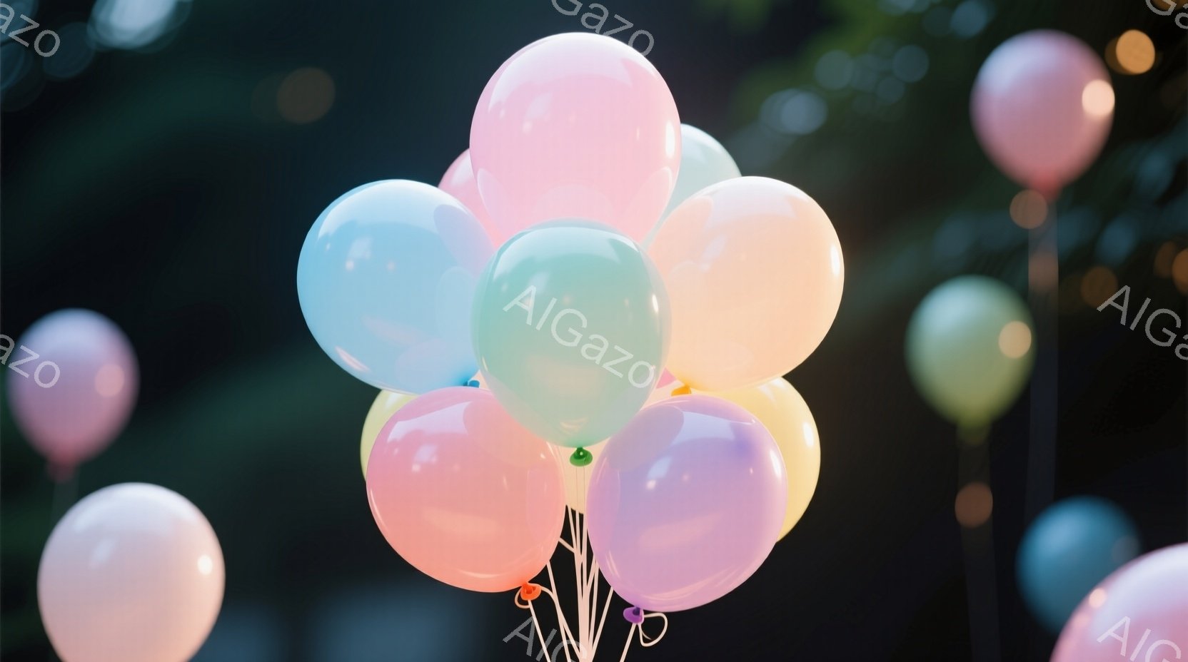 柔らかいパステルカラーの風船が、密集して画面中央に配置されている。背景は暗い緑色で、ぼやけた光の粒子が散りばめられており、夢幻的で幻想的な雰囲気を醸し出している。風船は様々な色合いで、お祝いや楽しいイ - AI生成フリー素材