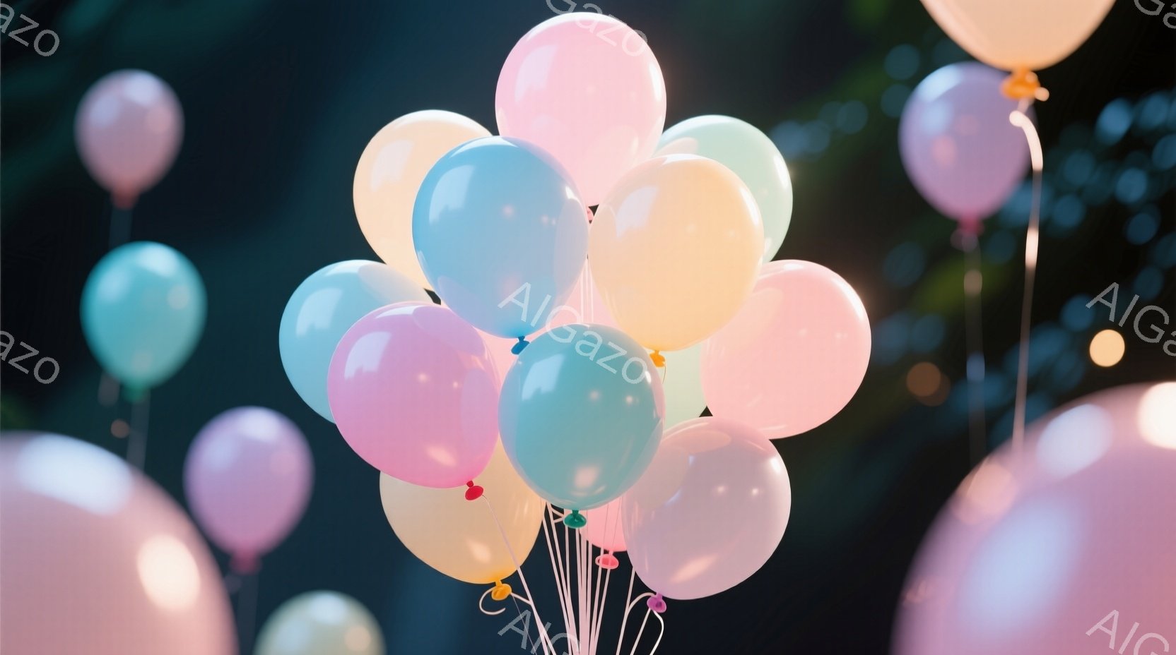 柔らかなパステルカラーの風船が多数、空中に浮かんでいます。ピンク、水色、黄色、白など、淡い色合いが優しく、全体的に暖かく、お祝いの雰囲気を醸し出しています。背景は暗くぼやけており、風船の色が際立ち、夢 - AI生成フリー素材