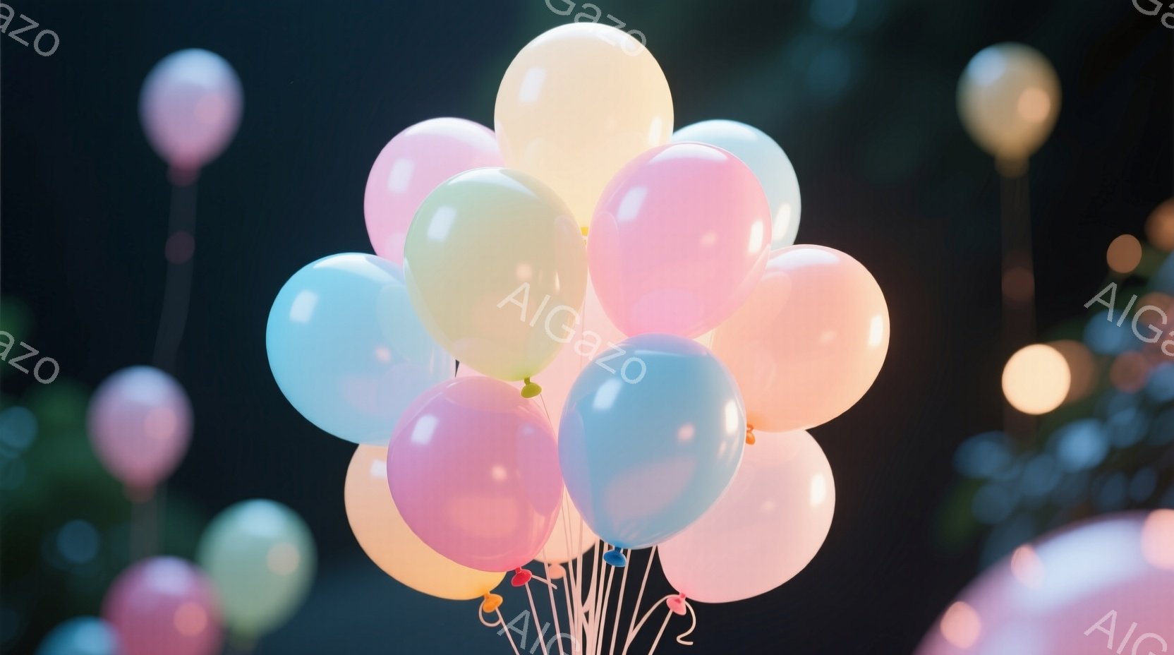 淡いピンク、水色、クリーム色などのパステルカラーの風船が密集して写っている。風船は紐で束ねられており、背景はぼかされた光の粒で、お祭りやパーティーのような華やかな雰囲気を醸し出している。全体的に柔らかく、夢のような印象を与える写真である。