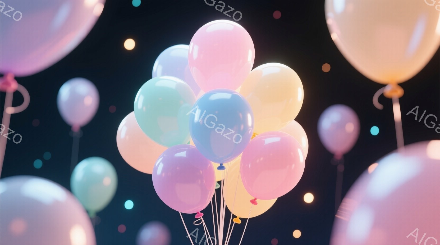鮮やかなパステルカラーの風船が、暗い背景に浮かんでいます。ピンク、水色、薄紫、黄色など、様々な色の風船が密集しており、お祝いやパーティーの雰囲気を醸し出しています。背景にはぼんやりとした光の粒子が見ら - AI生成フリー素材