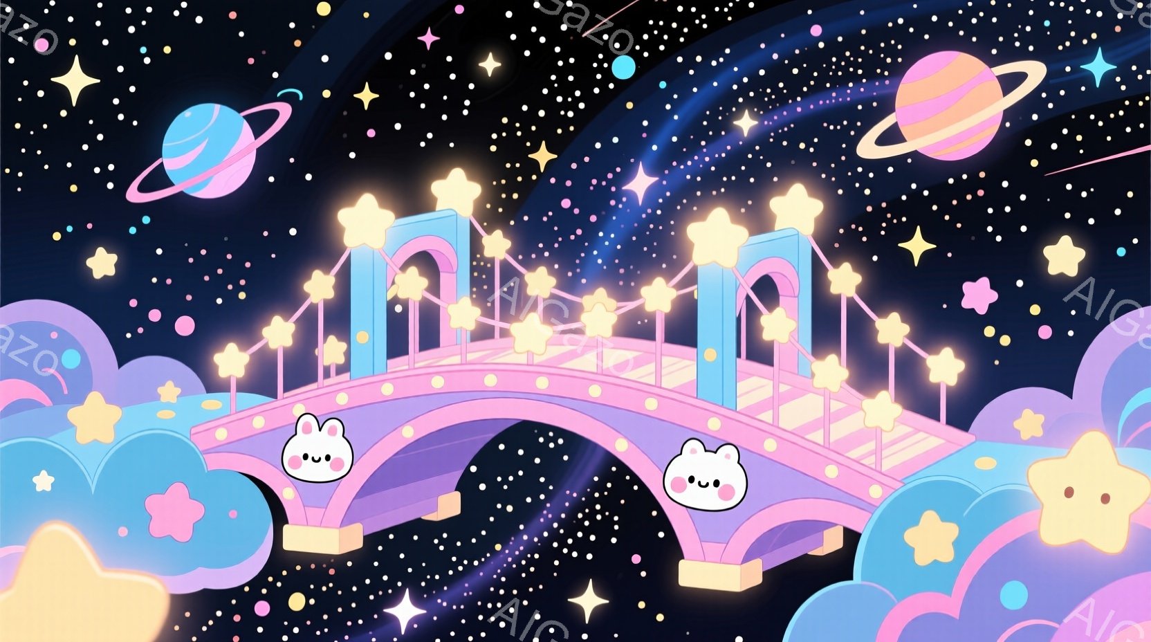 淡いピンク色のアーチ橋が、ふわふわとした雲と星空を背景に描かれています。橋の上には、可愛らしい表情の白いウサギが2匹描かれており、雲にもウサギのシルエットが浮かんでいます。全体的に夢のような、幻想的な - AI生成フリー素材