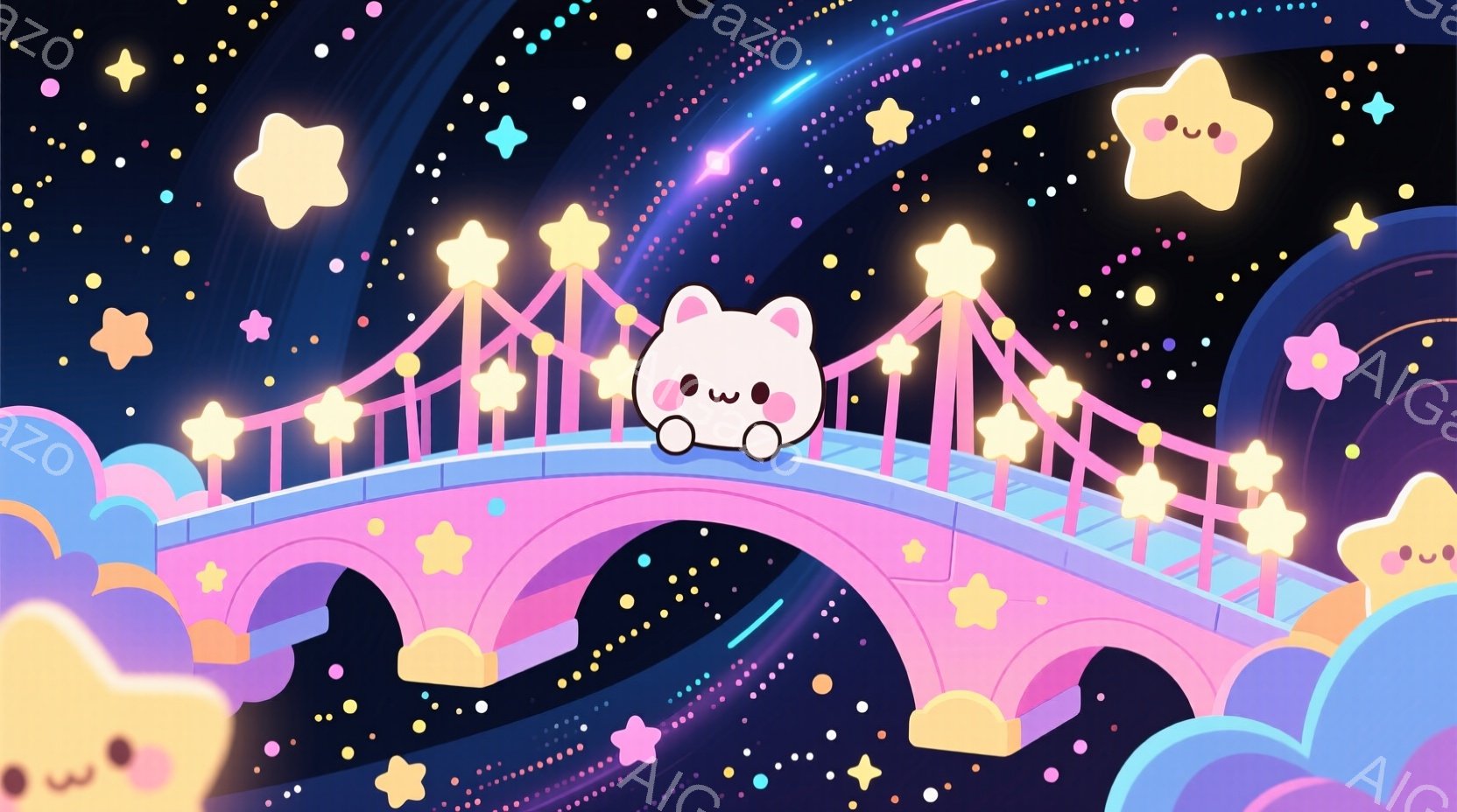 ピンク色のアーチ橋の上には、白いふわふわの生き物がちょこんと座っています。その生き物は丸い顔に小さな目と口をしており、穏やかな表情を浮かべています。背景は星屑が輝く夜空で、ピンクと紫の雲が浮かび、全体 - AI生成フリー素材