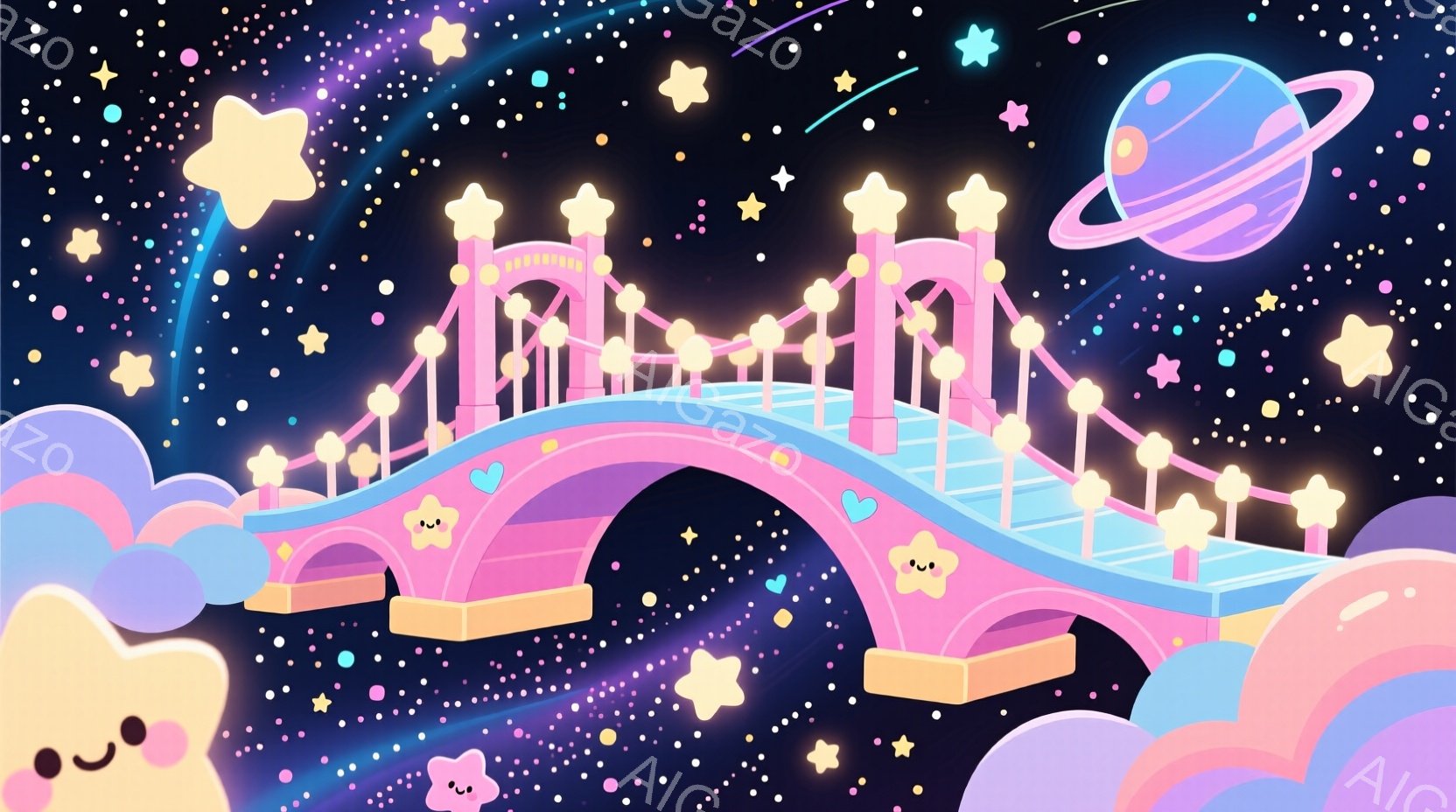 ピンク色のアーチ橋が夜空に浮かぶ幻想的な風景を描いています。橋には可愛らしい顔の雲がついており、周囲には星や惑星が散りばめられ、夢のような雰囲気を醸し出しています。全体的にパステルカラーが基調で、柔ら - AI生成フリー素材