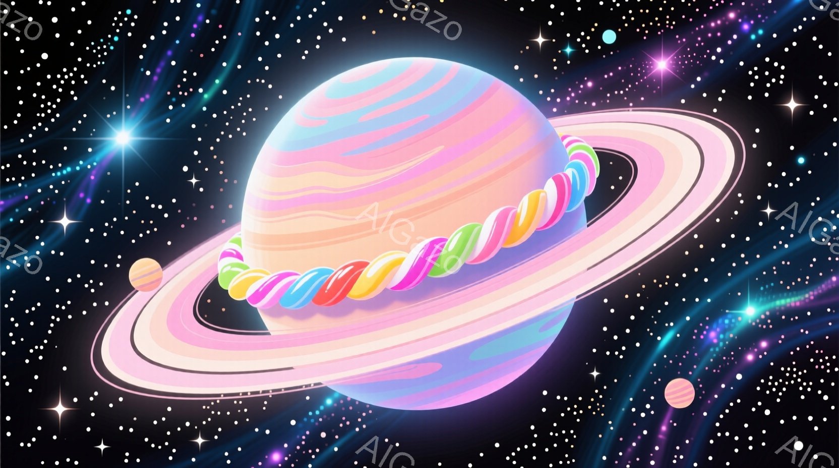 鮮やかな虹色の帯を持つ惑星が、暗い宇宙空間に浮かんでいます。惑星はピンク、紫、水色、緑などのパステルカラーで構成され、まるでキャンディのような可愛らしい印象を与えます。背景には、さまざまな色や大きさの星が散りばめられており、幻想的で夢のような雰囲気を醸し出しています。