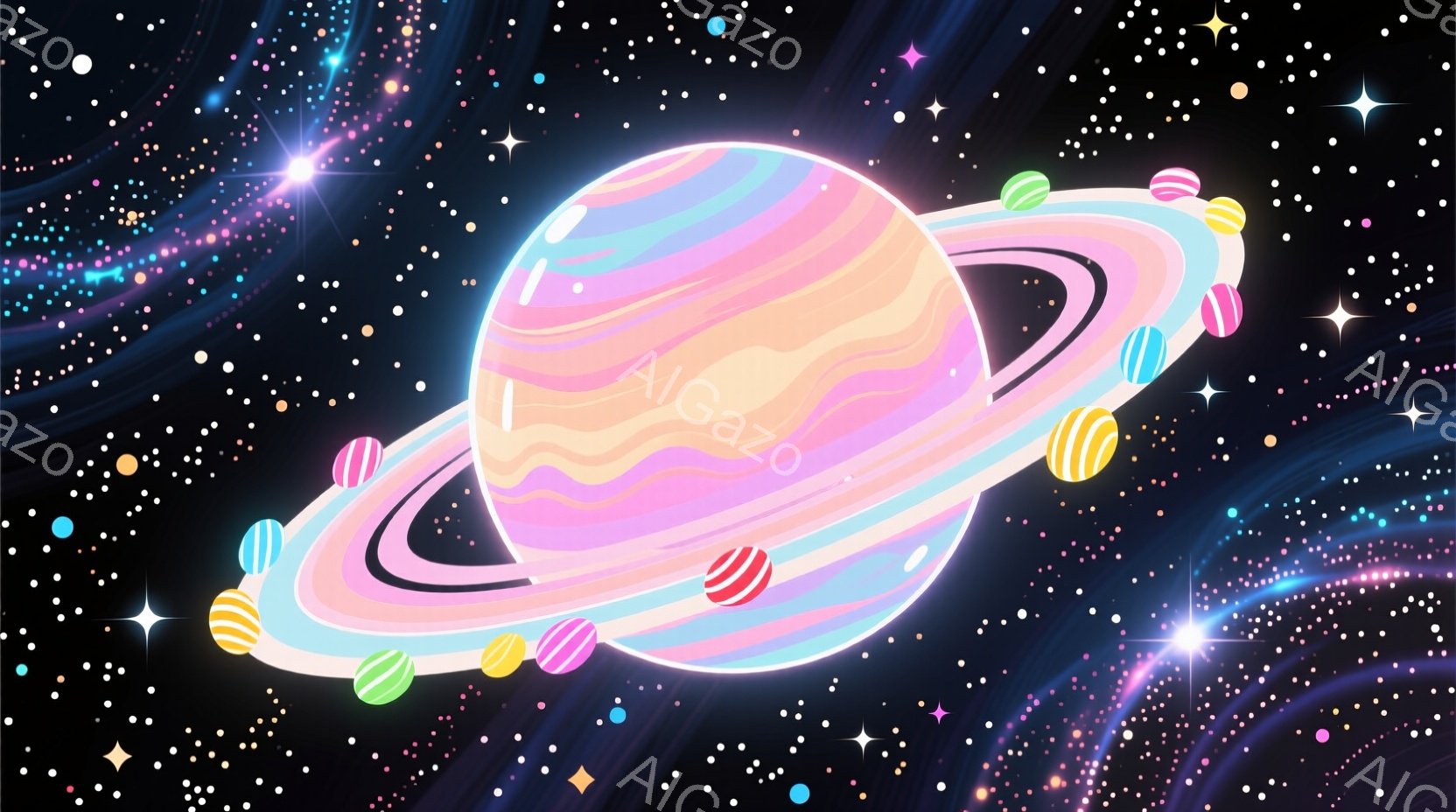 鮮やかな色彩の土星が、暗い宇宙空間に浮かんでいます。土星の環は複数の色で構成され、ピンク、緑、オレンジ、紫などのカラフルな球体が環の周りに散りばめられています。背景にはきらめく星屑と、淡いピンクと紫の - AI生成フリー素材