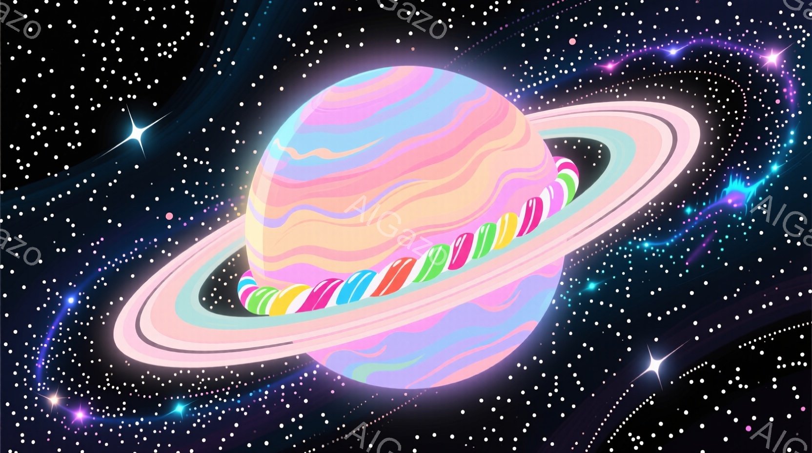 鮮やかな色彩の惑星が、ピンク色のリングに囲まれて描かれています。惑星はパステルカラーのストライプで覆われ、夢のような雰囲気を醸し出しています。背景にはきらめく星々が散りばめられ、幻想的な宇宙空間を表現 - AI生成フリー素材