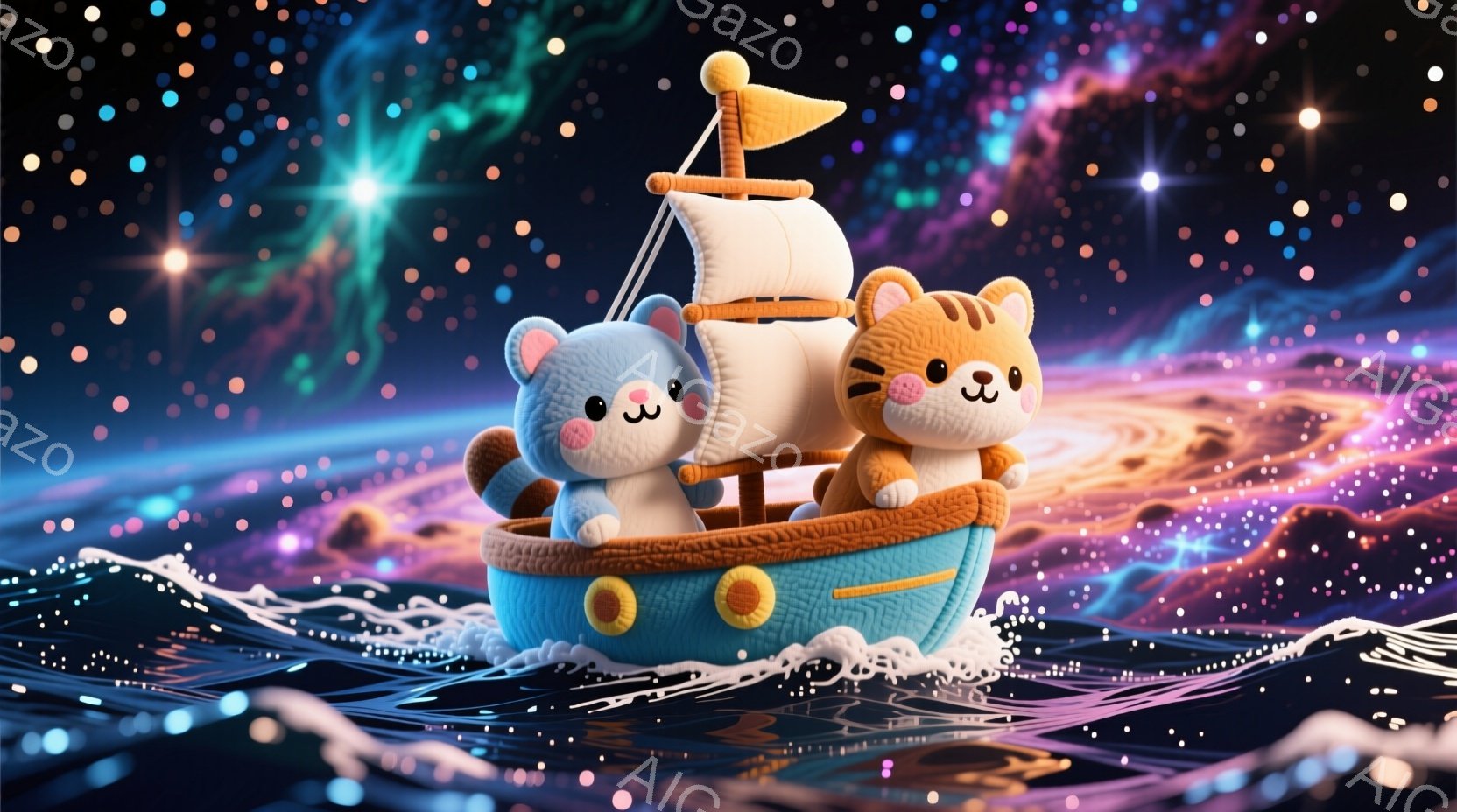 鮮やかな色合いの波の上を、可愛らしい猫のキャラクターが小さなヨットに乗って進んでいる様子が描かれています。青い猫とオレンジ色の猫は、それぞれ満面の笑みを浮かべ、楽しそうに海を眺めているようです。背景に - AI生成フリー素材