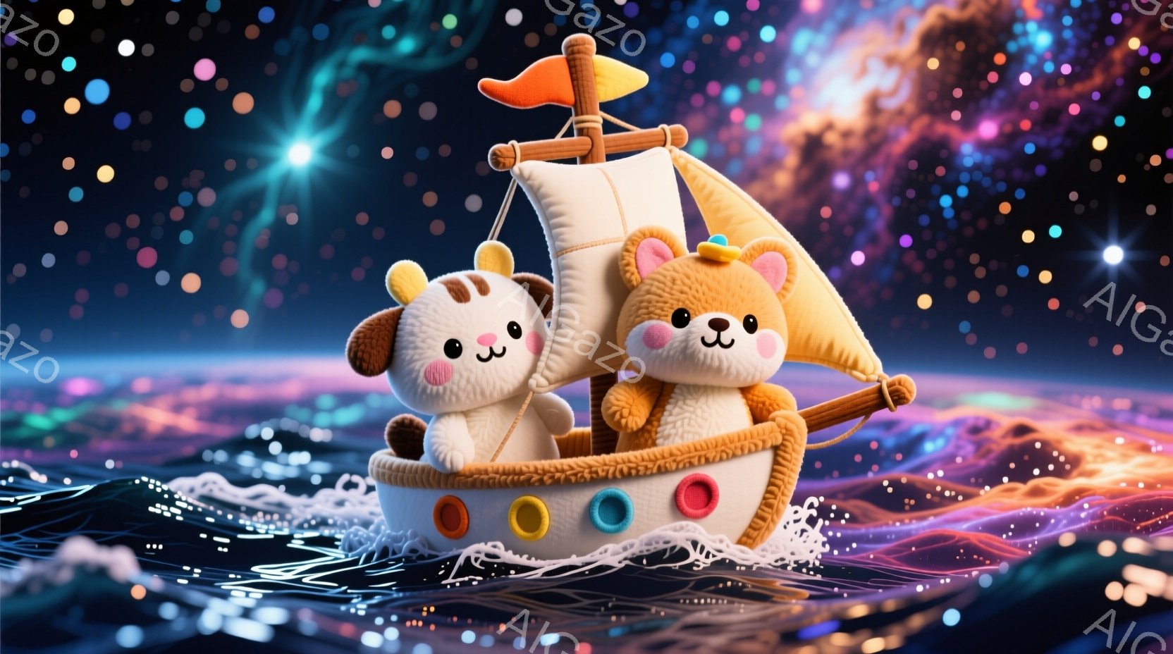 ふわふわの犬と熊のキャラクターが、カラフルなボートに乗って海を航海しています。キャラクターたちは明るい表情で、穏やかな海と鮮やかな空の下で楽しんでいるようです。背景は渦巻くカラフルな光と星で満たされて - AI生成フリー素材