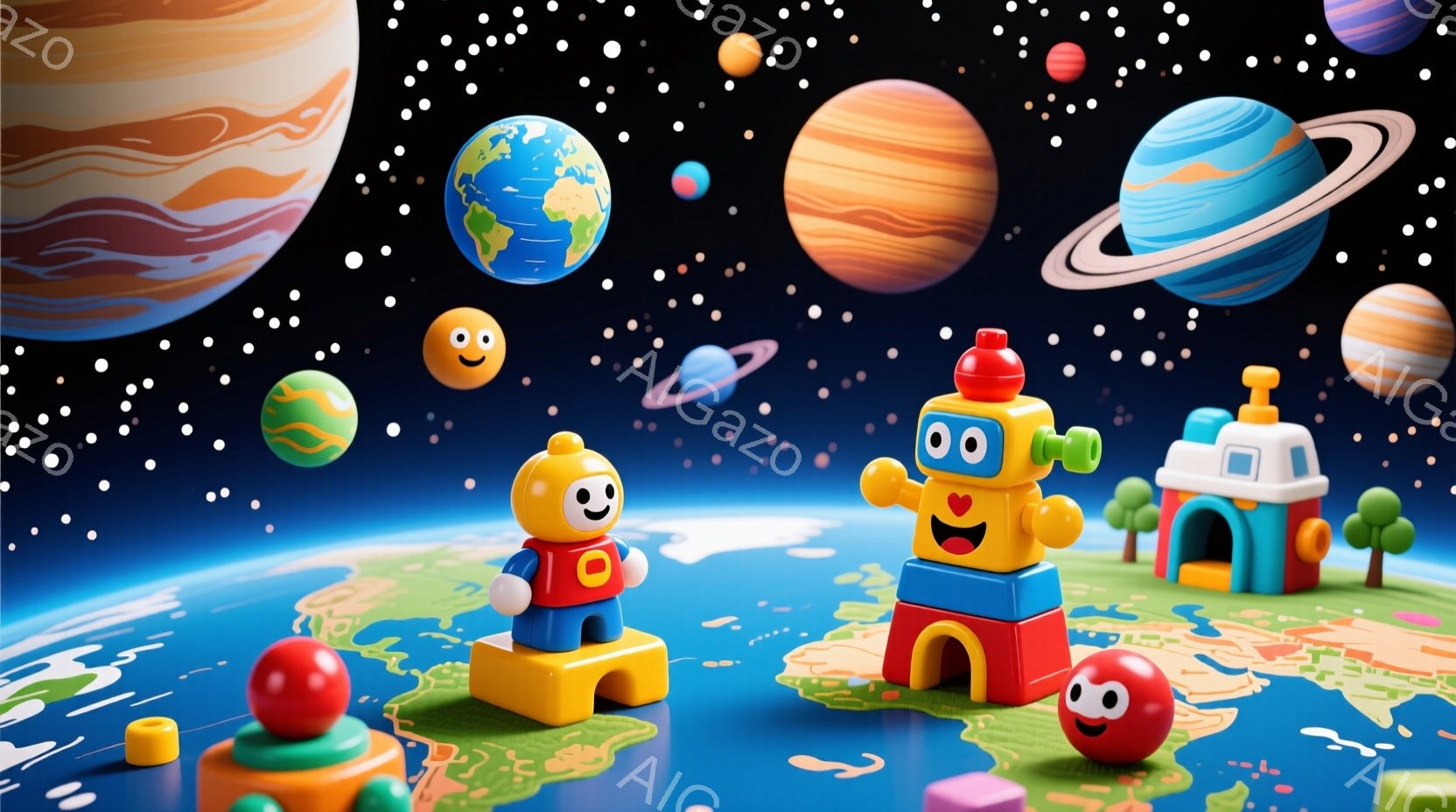 カラフルなブロックで作られたロボットやキャラクターたちが、地球を模した地形の上に立っている様子が描かれています。背景には、様々な色の惑星や星々が散りばめられており、まるで宇宙空間のような幻想的な雰囲気 - AI生成フリー素材