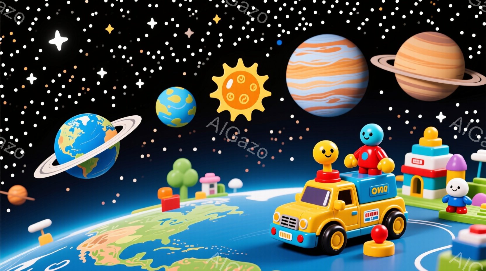 カラフルな惑星と建物が浮かぶ、宇宙を舞台にした可愛らしいイラストです。オレンジ色の小さなキャラクターが、黄色い車の上に乗って笑顔で手を振っており、その車は青い道路上を走っているように見えます。背景には - AI生成フリー素材