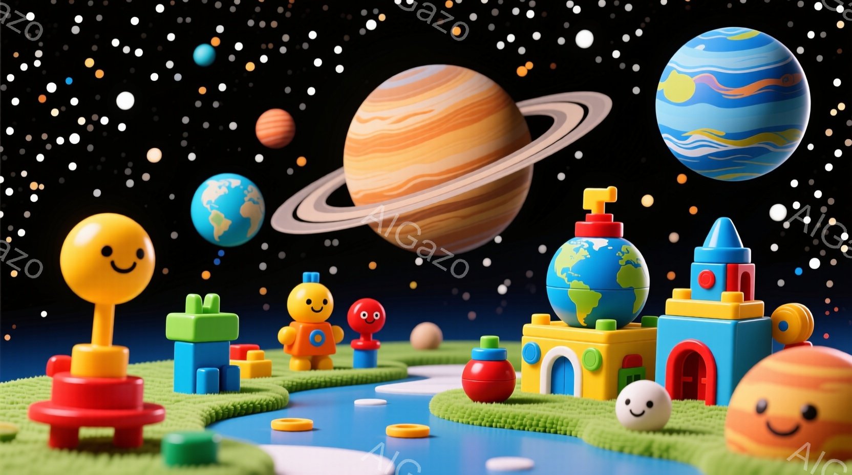 カラフルなブロックで作られた遊園地のような風景を描いています。土星や地球などの惑星が空に浮かび、ブロックで作られた笑顔の太陽や球体が地面に配置されています。全体的に明るく、おもちゃのような楽しげな雰囲 - AI生成フリー素材