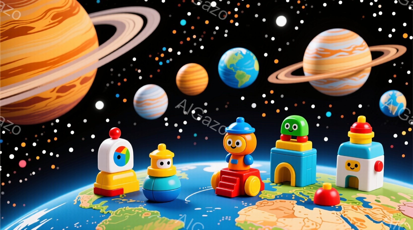 カラフルなブロックでできたキャラクターたちが、地球を模したジオラマの上に立っている。背景には、土星のような環を持つ惑星や、他の惑星が宇宙空間に浮かび、星々が散りばめられている。全体的に明るく陽気な雰囲気で、子供向けの玩具やアニメーションのシーンを彷彿とさせる。