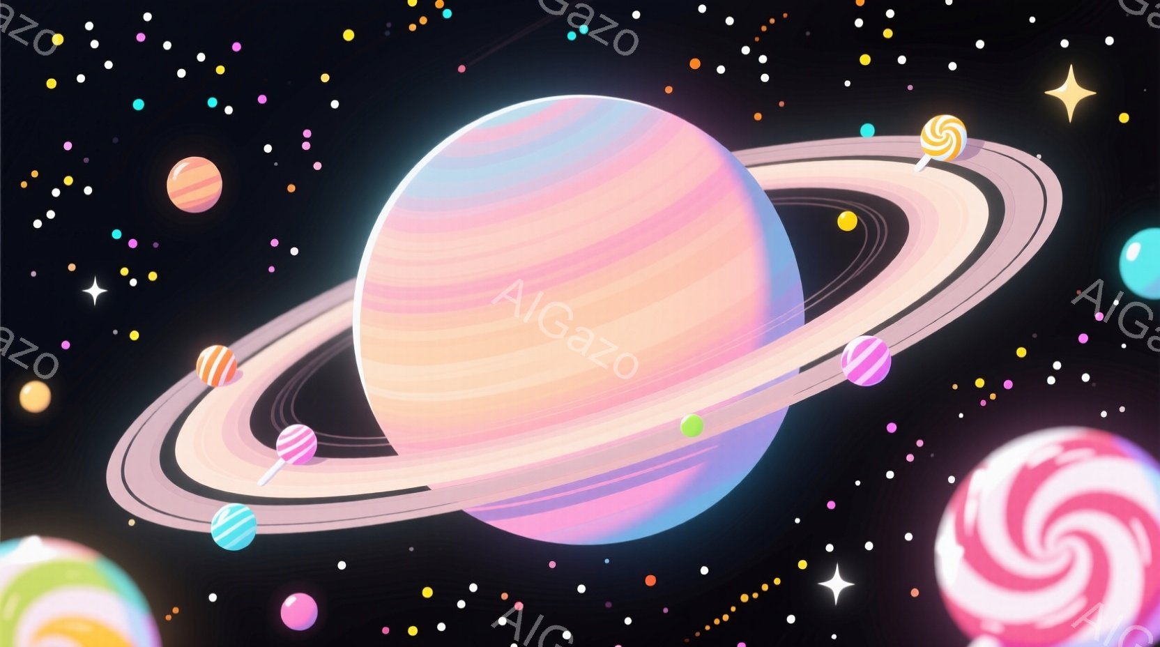 惑星が明るい背景に浮かび、周囲にはキャンディが散りばめられています。惑星はピンクと紫のグラデーションで、環は明るい色合いのキャンディで装飾され、夢のような雰囲気を醸し出しています。星屑のような細かい光 - AI生成フリー素材