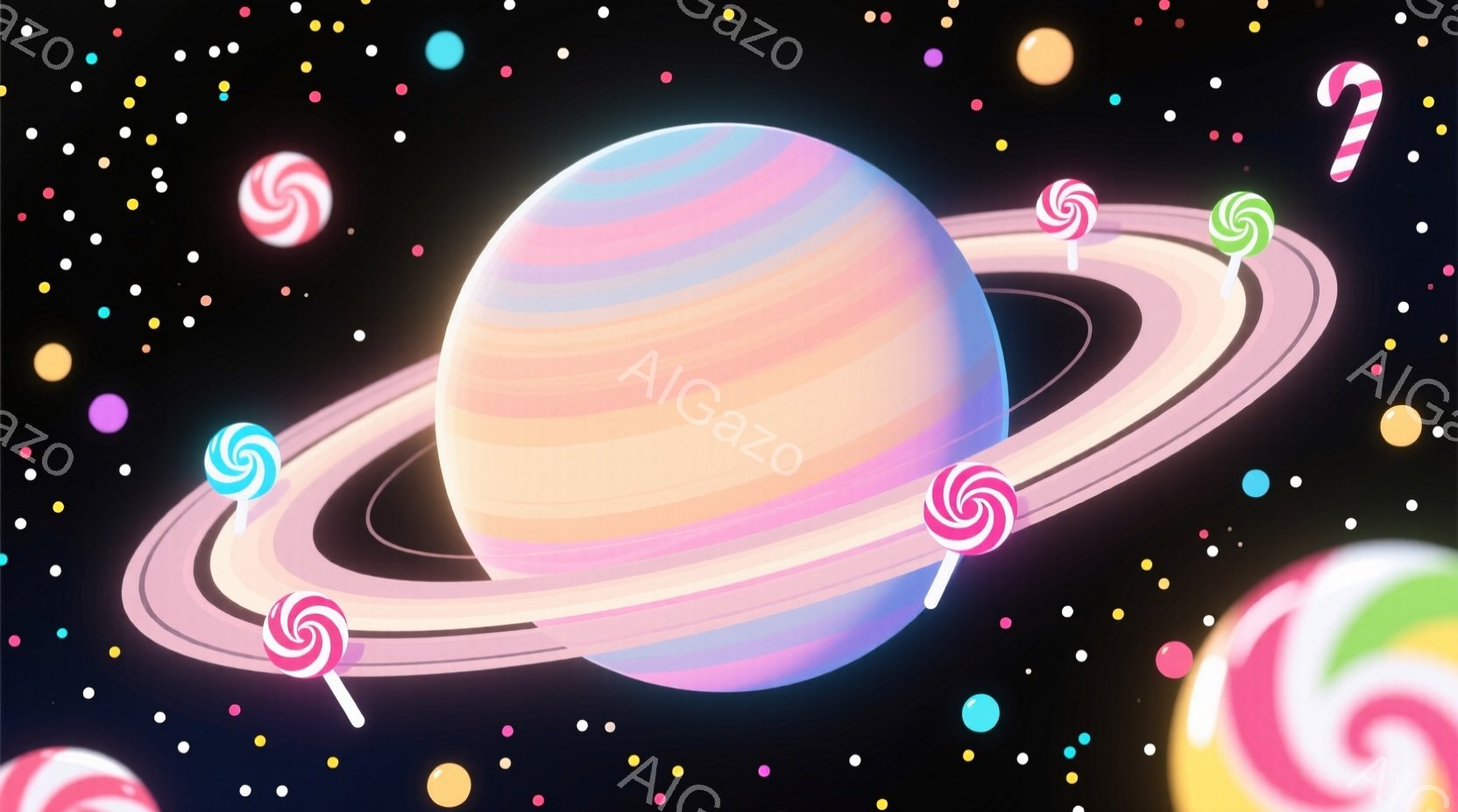 鮮やかなピンクと紫色のグラデーションが美しい惑星が、白いリングに囲まれて浮かんでいます。背景は暗く、様々な色のキャンディが星のように散りばめられ、遊び心に満ちた幻想的な雰囲気を作り出しています。キャン - AI生成フリー素材
